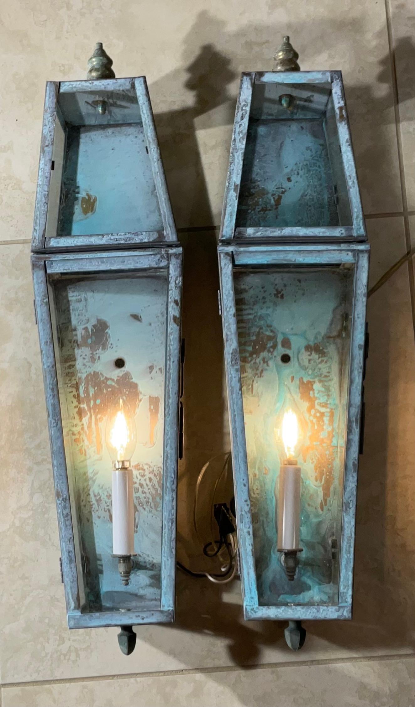 Hand-Crafted Elegant Pair of Solid Brass Wall-Mounted Lanterns   26”.5 h x 6” w x 6”.5 d For Sale