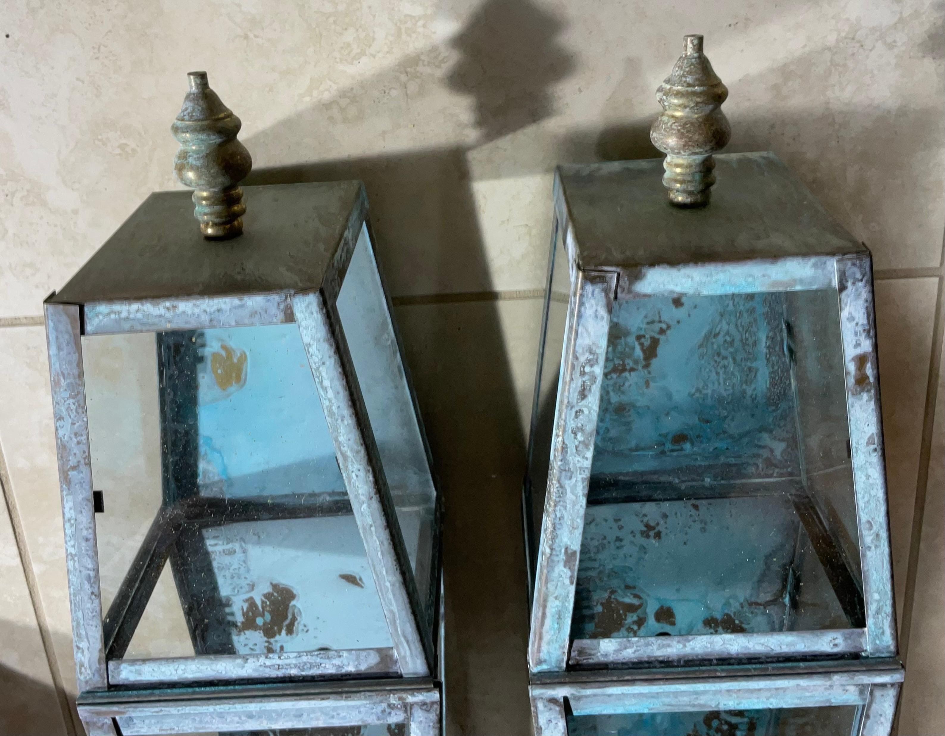 Contemporary Elegant Pair of Solid Brass Wall-Mounted Lanterns   26”.5 h x 6” w x 6”.5 d For Sale