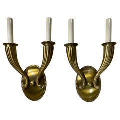 Elegant Pair of Solid Brass Wall Sconces, Vintage Hollywood Regency Style