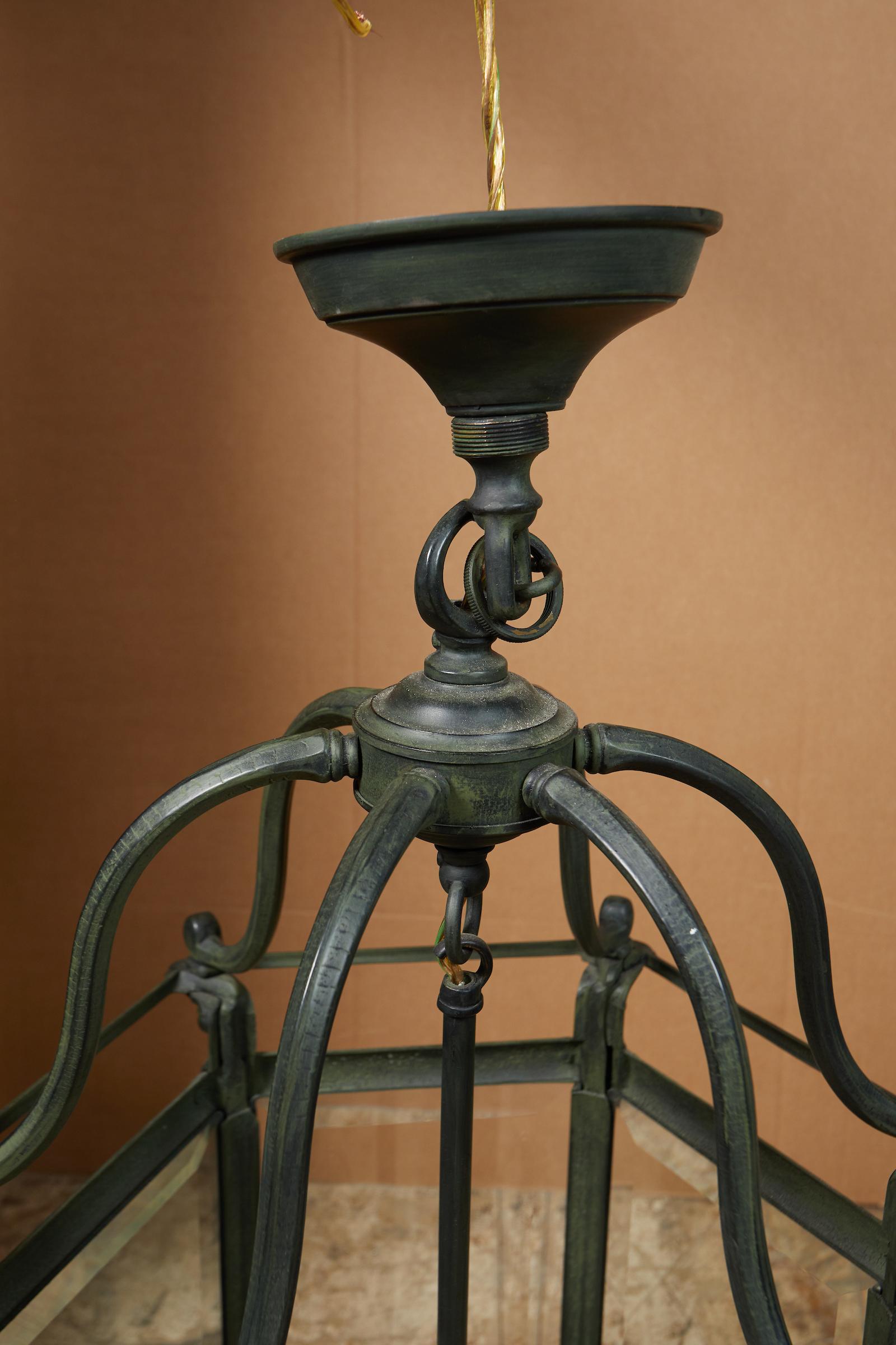 Elegant Pair of Solid Green Patinated Bronze Lanterns For Sale 1