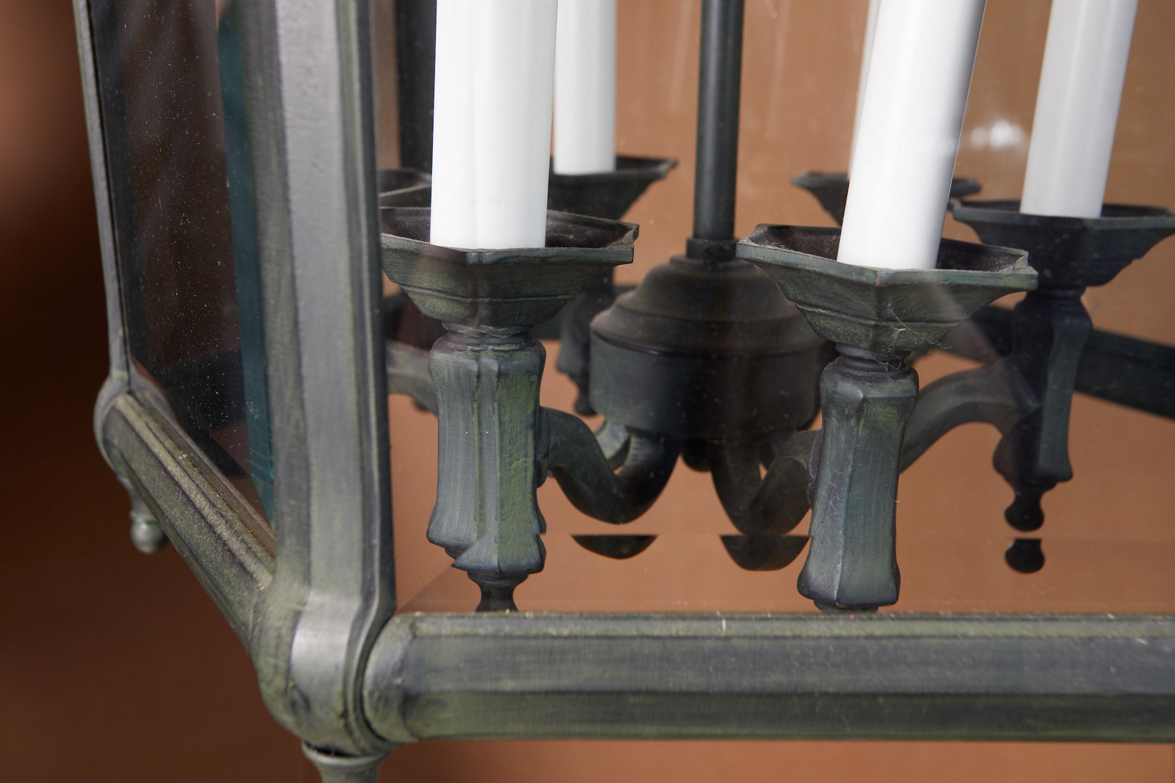Elegant Pair of Solid Green Patinated Bronze Lanterns For Sale 2
