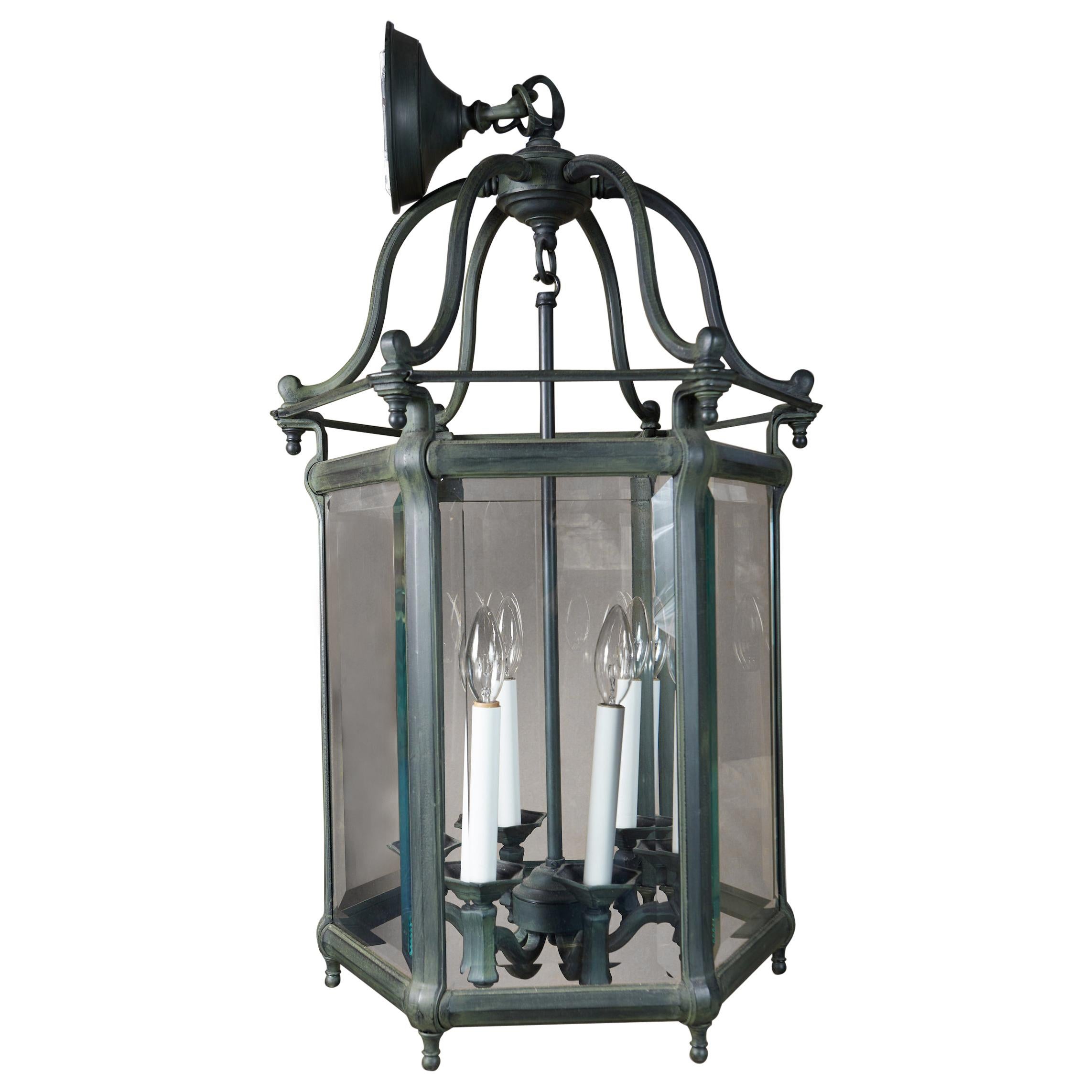 Elegant Pair of Solid Green Patinated Bronze Lanterns For Sale