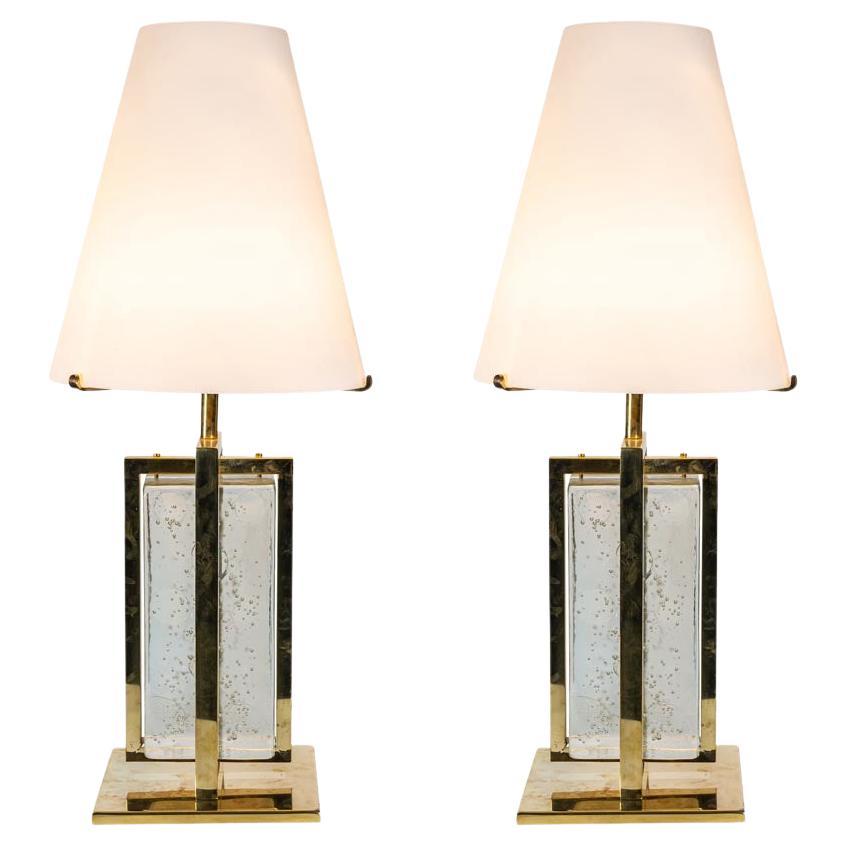Elegant Pair of Table Lamps Italian Design 2000 Murano Glass Clear, Brass