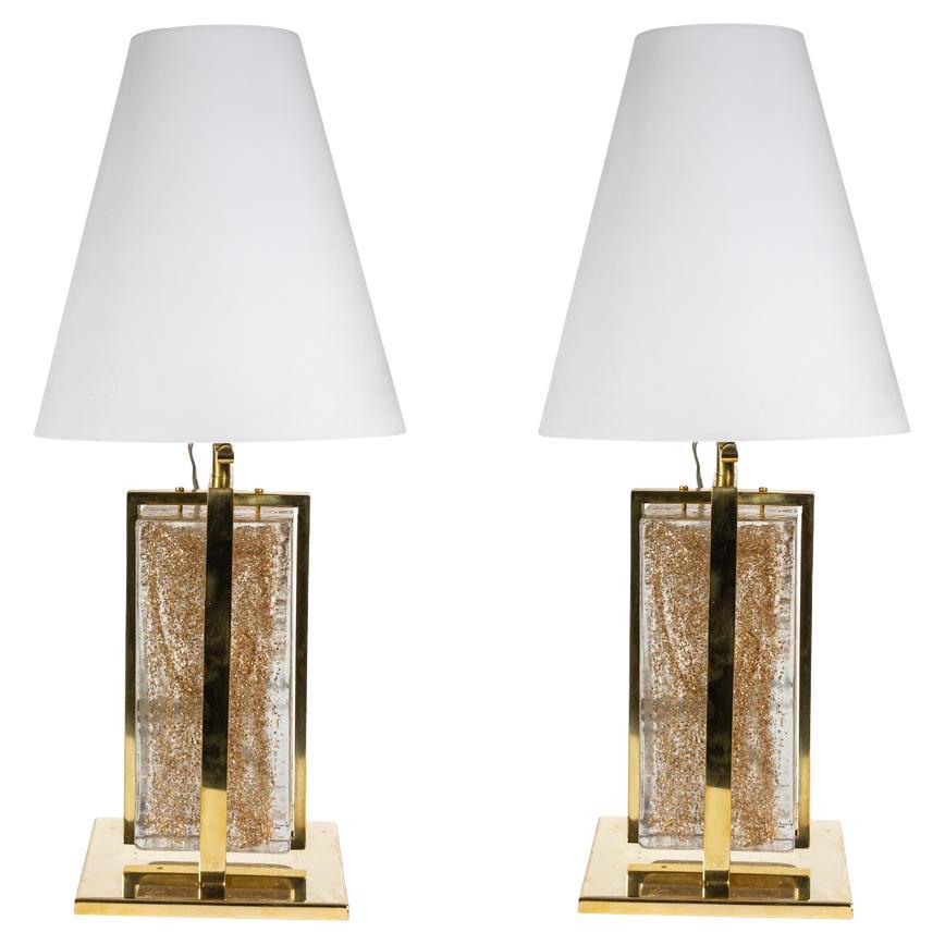 Elegant Pair of Table Lamps Italian Design 2000 Murano Glass Clear Gold, Brass