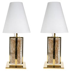 Elegant Pair of Table Lamps Italian Design 2000 Murano Glass Clear Gold, Brass
