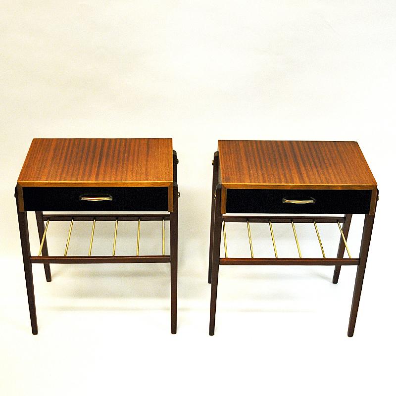 Elegant Pair of Teak and Brass Night and Side Tables, Sweden, 1960s 4