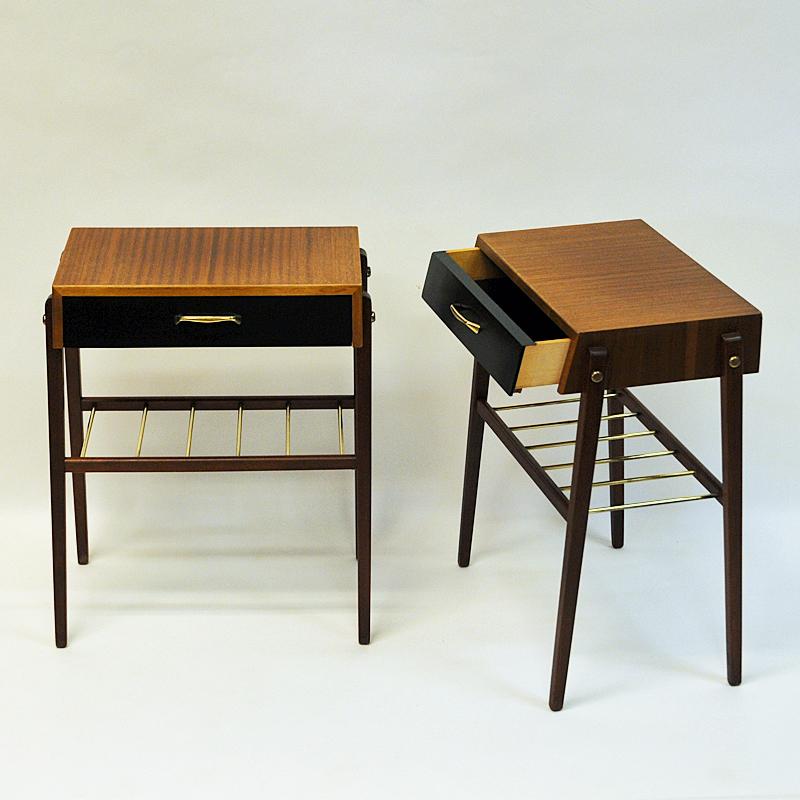 Swedish Elegant Pair of Teak and Brass Night and Side Tables, Sweden, 1960s