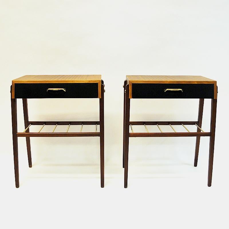 Mid-20th Century Elegant Pair of Teak and Brass Night and Side Tables, Sweden, 1960s