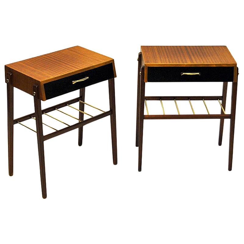 Elegant Pair of Teak and Brass Night and Side Tables, Sweden, 1960s