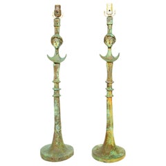 Elegant Pair of Tete de Femme Bronze Table Lamps after Giacometti, 1950s