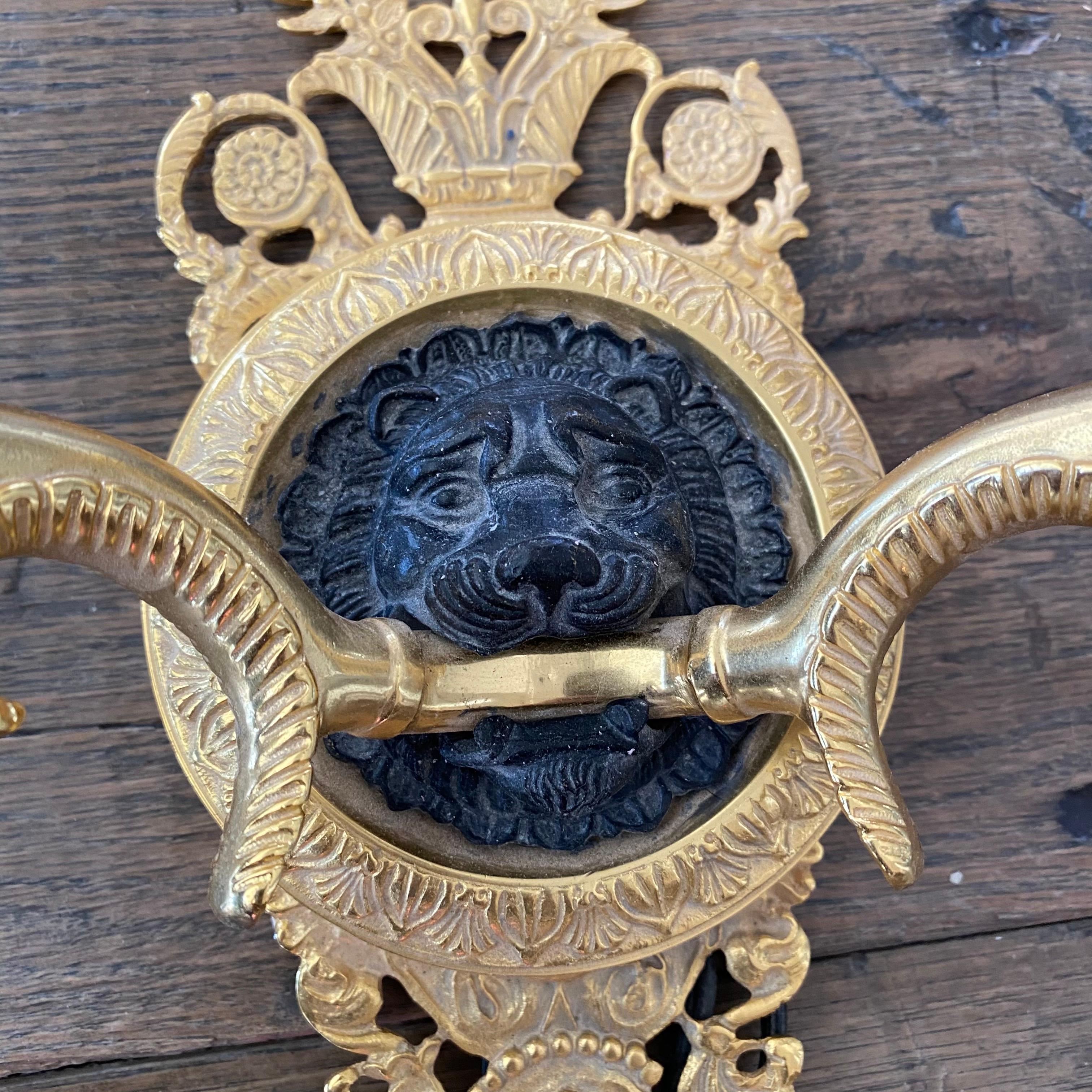 Elegant Pair of Two Arm French Empire Style Brass Wall Sconces with Lions Heads 2