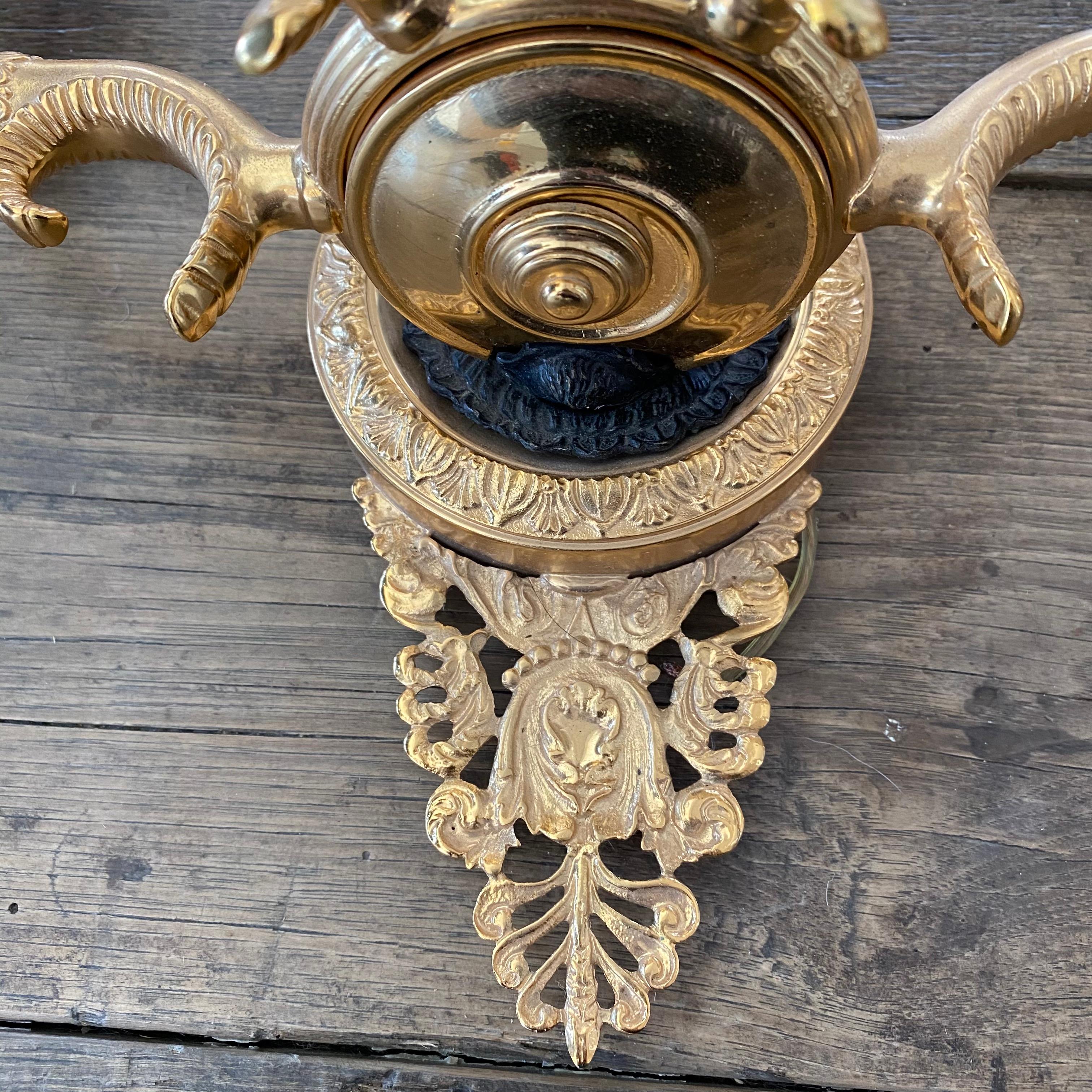 Elegant Pair of Two Arm French Empire Style Brass Wall Sconces with Lions Heads 4
