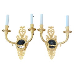 Elegant Pair of Two Arm French Empire Style Brass Wall Sconces with Lions Heads
