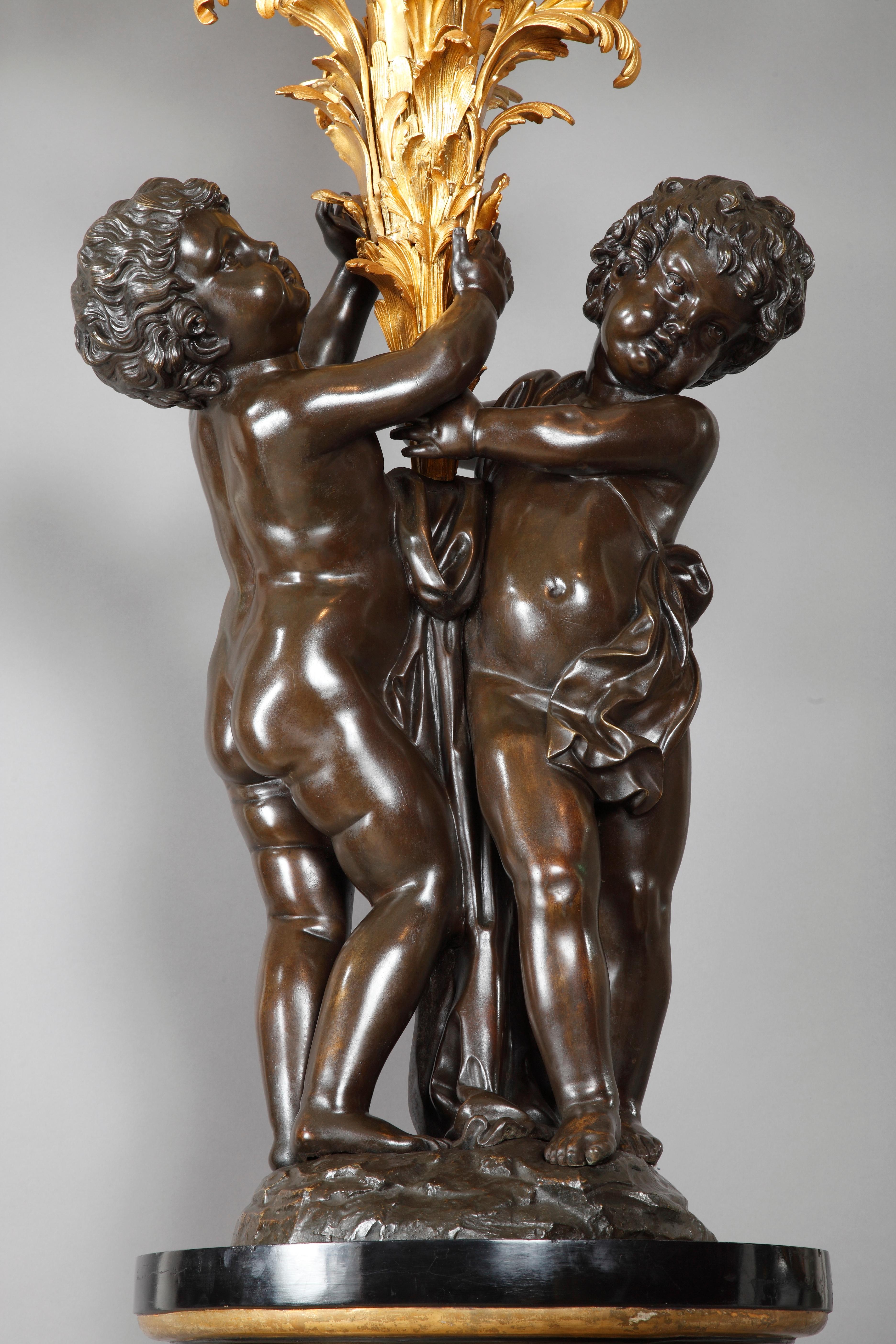 Late 19th Century Pair of Bronze Putti Torcheres Attributed to v. Paillard, France, Circa 1870 For Sale