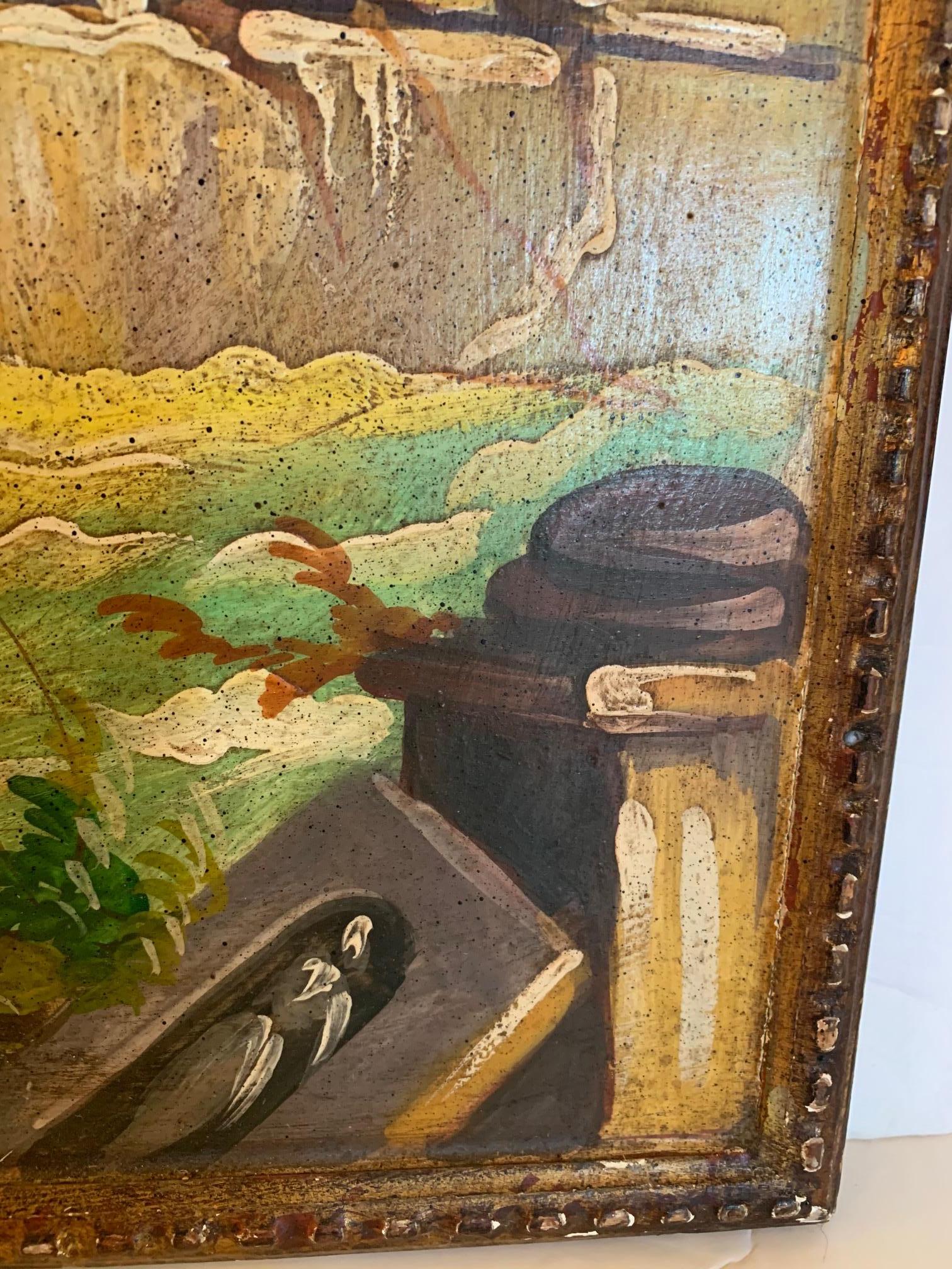 Wood Elegant Pair of Venetian Hand Painted Landscape Panels