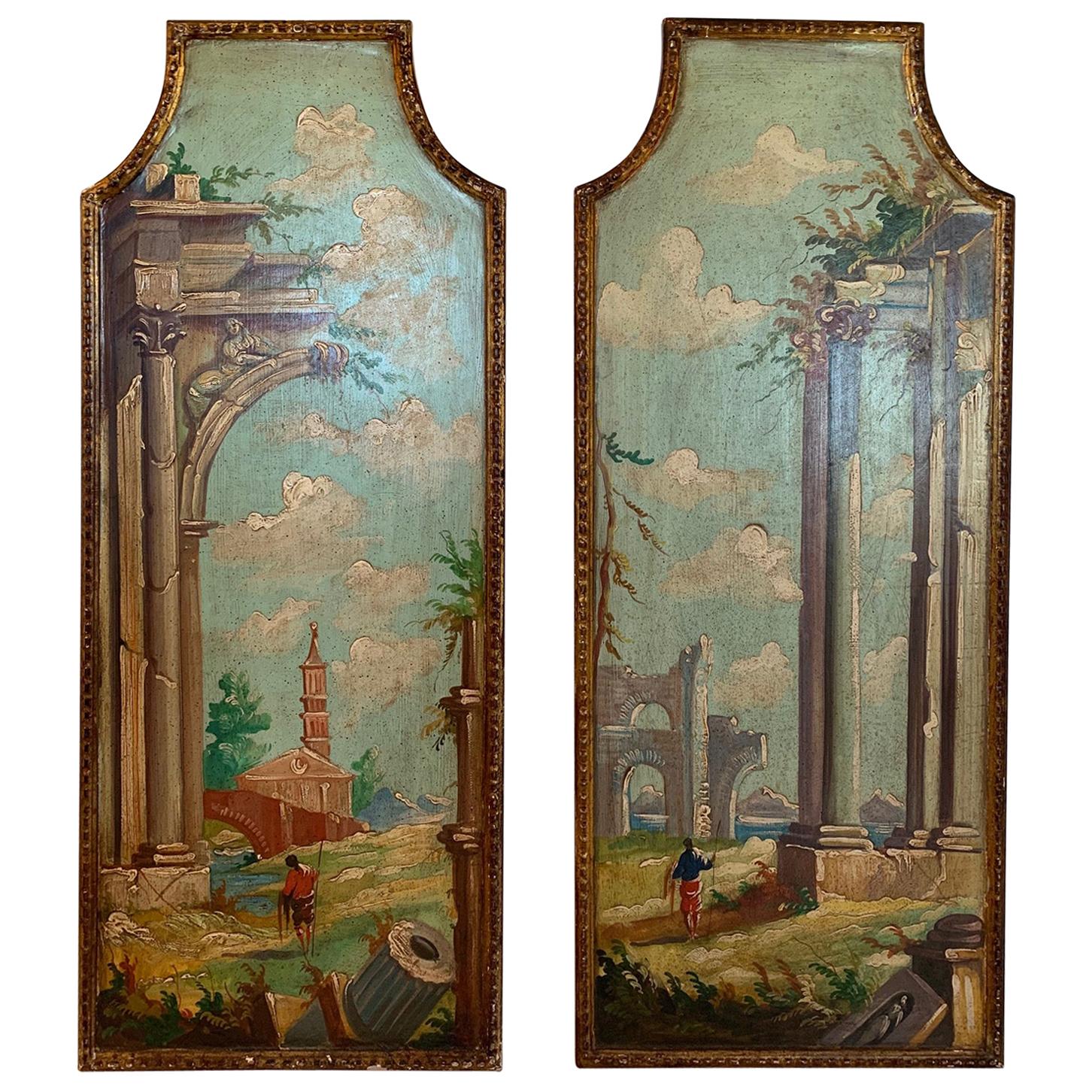Elegant Pair of Venetian Hand Painted Landscape Panels