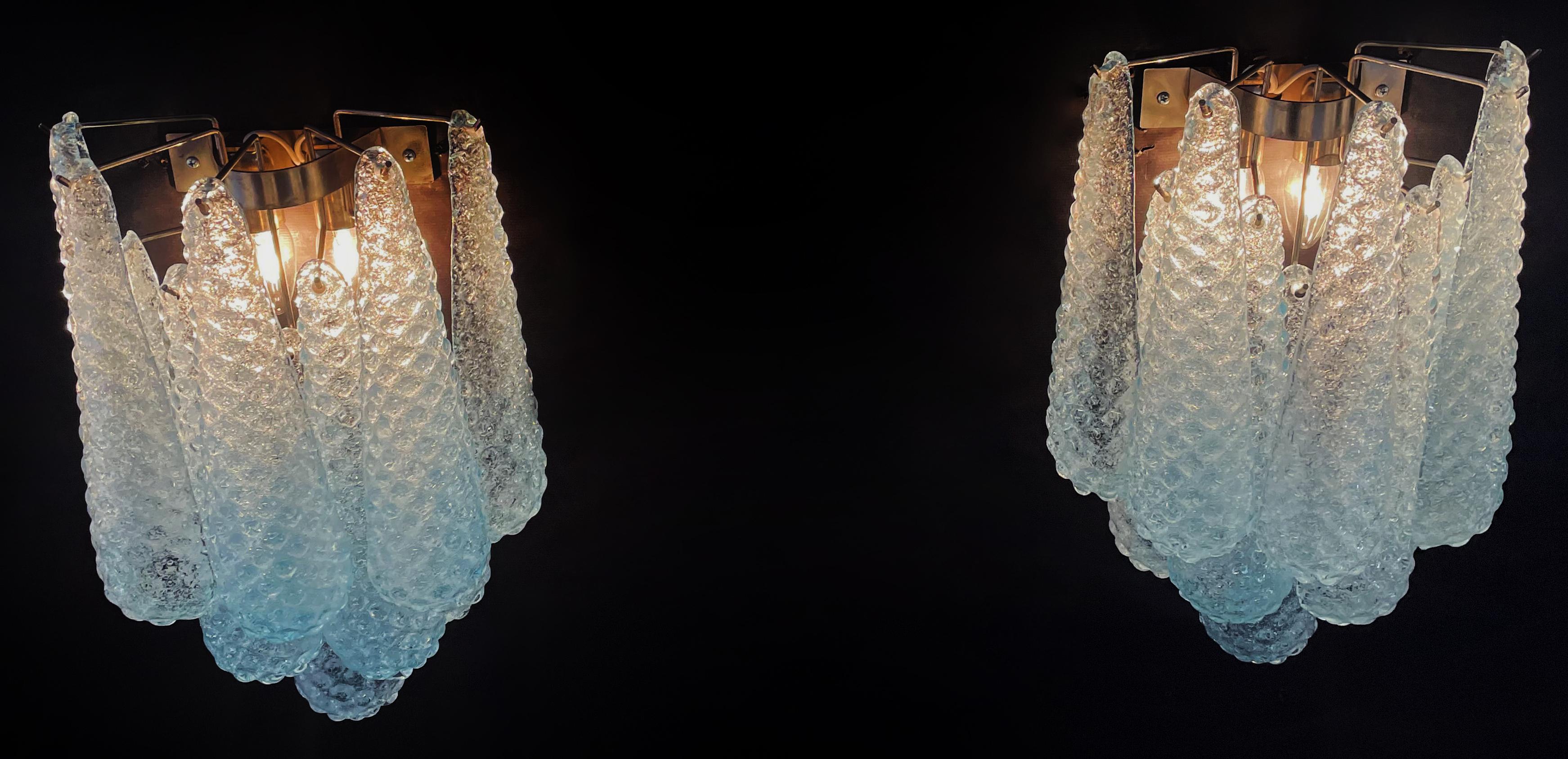 Elegant Pair of Vintage Blue Glass Petals Drop Wall Sconce, Murano, 1970 For Sale 6