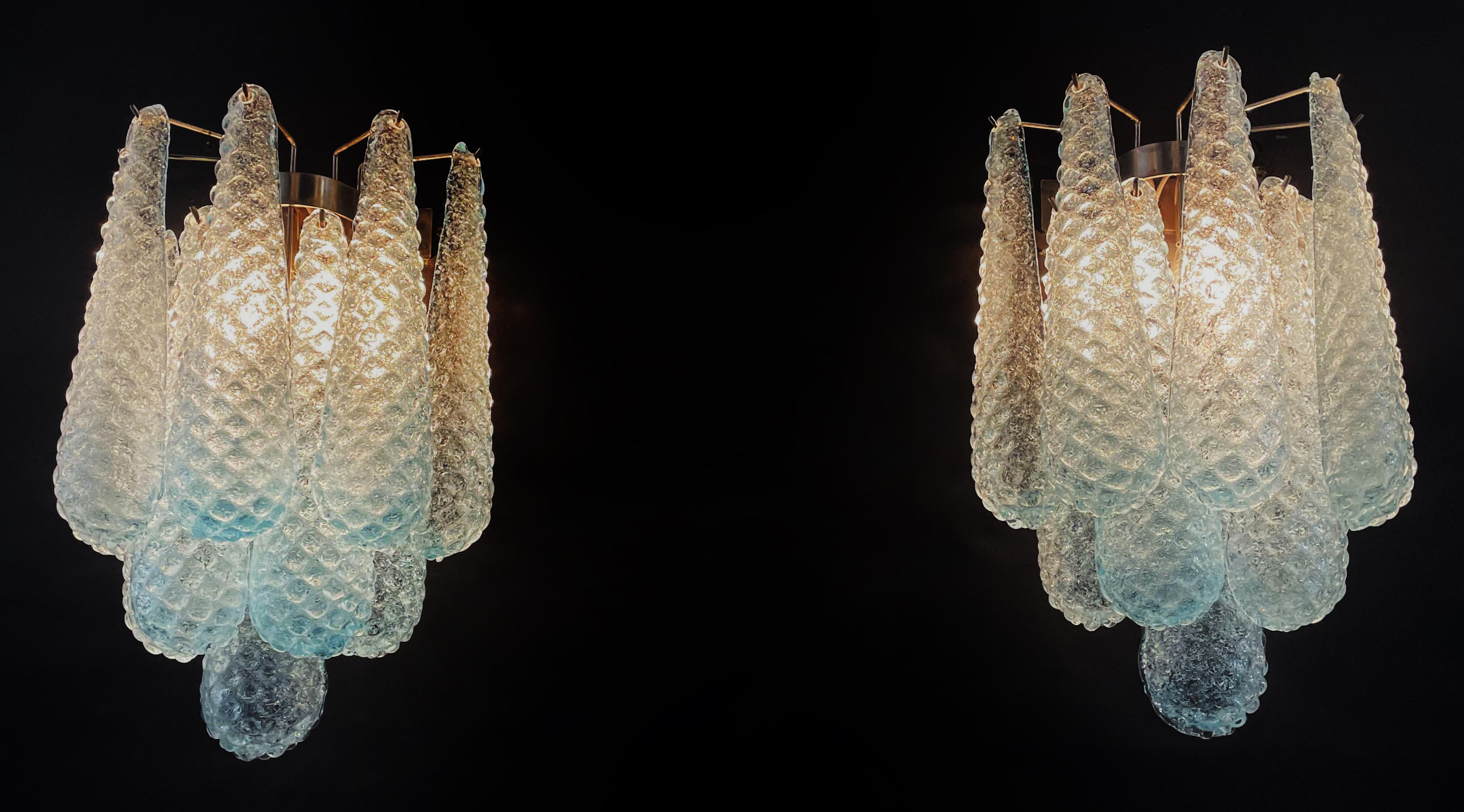 Elegant Pair of Vintage Blue Glass Petals Drop Wall Sconce, Murano, 1970 For Sale 7