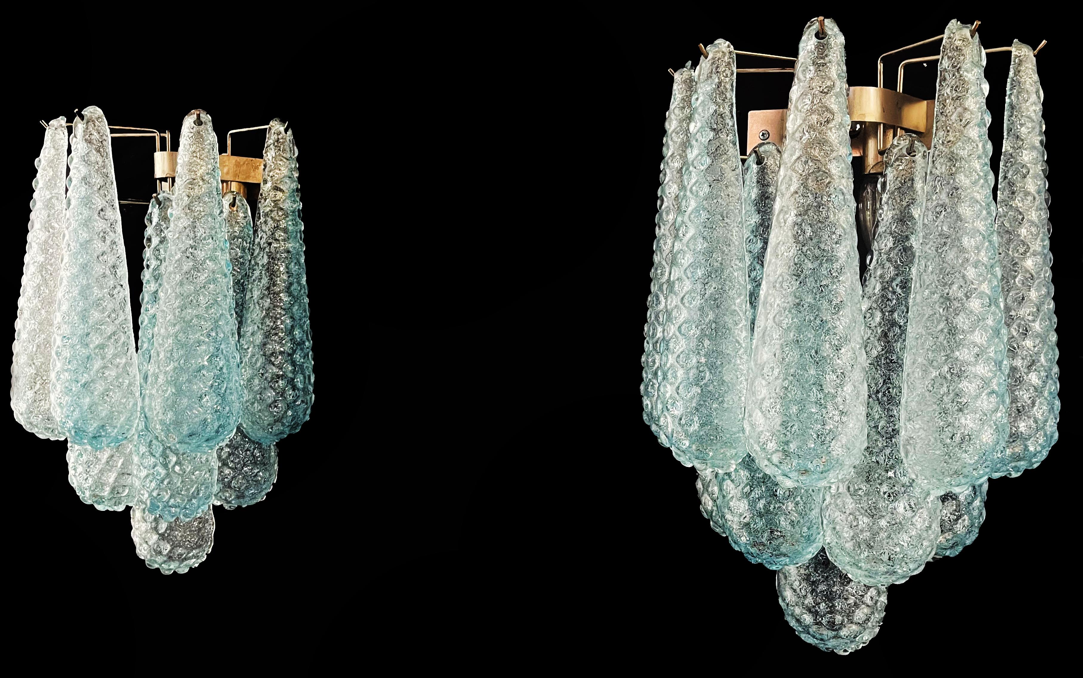 Italian Elegant Pair of Vintage Blue Glass Petals Drop Wall Sconce, Murano, 1970 For Sale