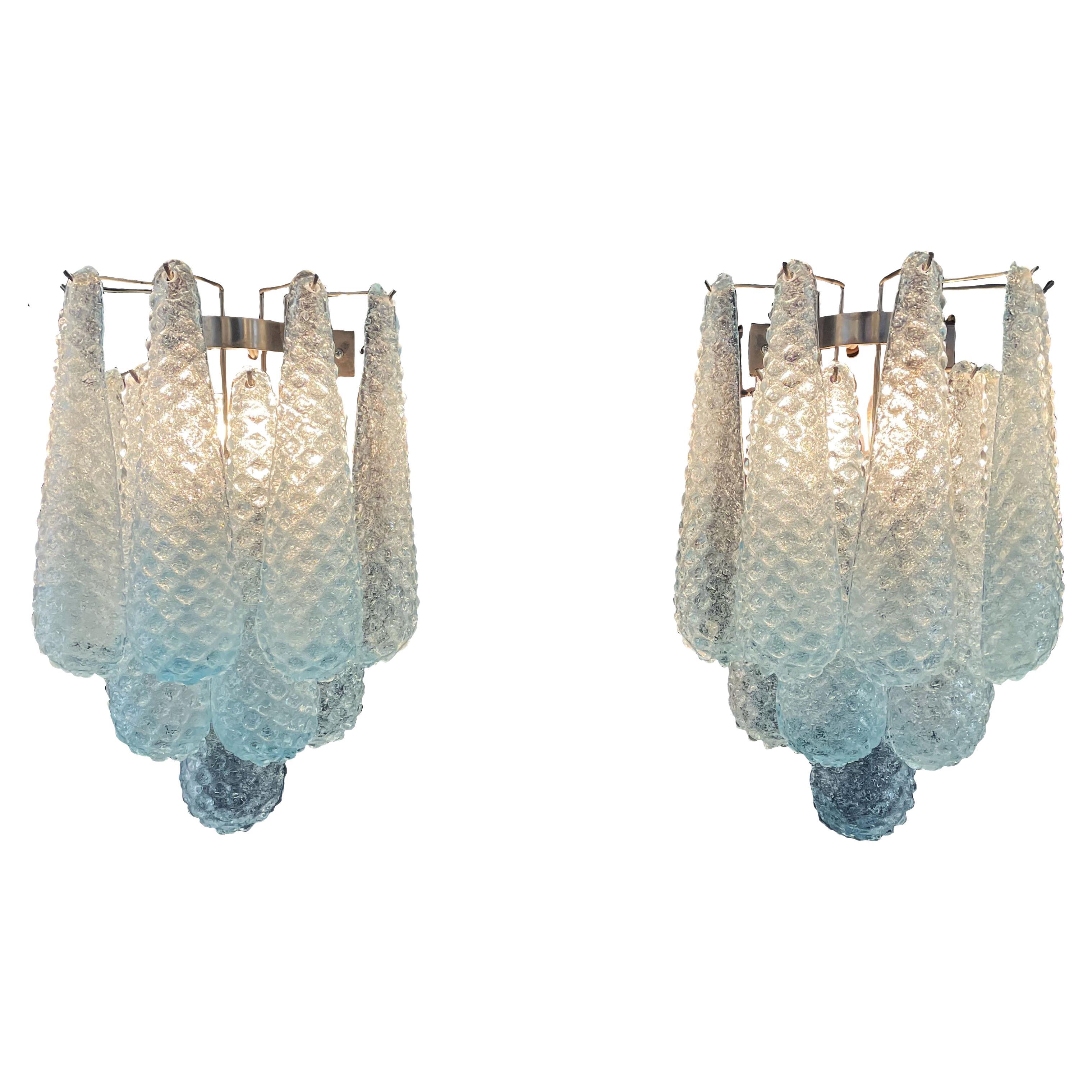 Elegant Pair of Vintage Blue Glass Petals Drop Wall Sconce, Murano, 1970 For Sale