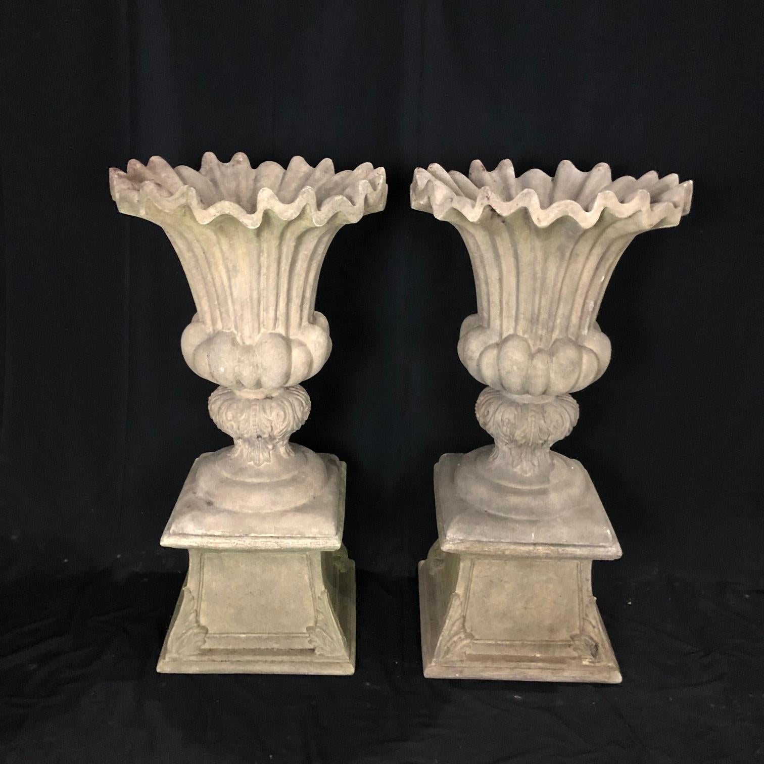 Elegant Pair of Vintage Classical Garden Planter Urns and Bases 5