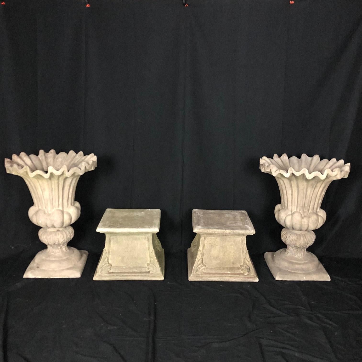 Elegant Pair of Vintage Classical Garden Planter Urns and Bases 6