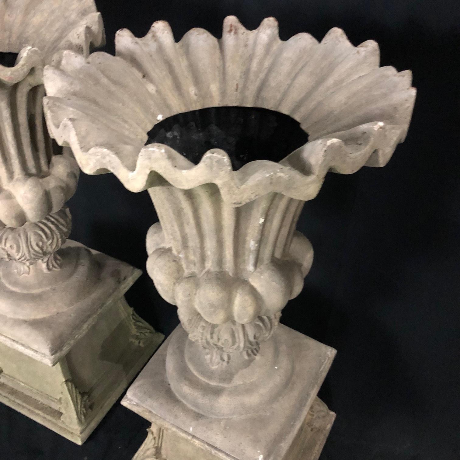 Elegant Pair of Vintage Classical Garden Planter Urns and Bases 1