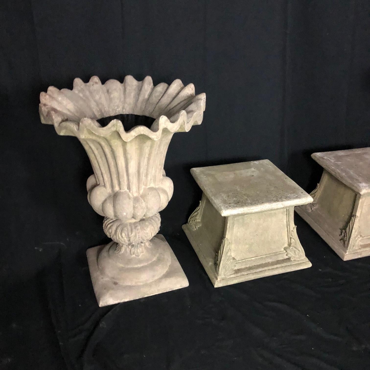 Elegant Pair of Vintage Classical Garden Planter Urns and Bases 2