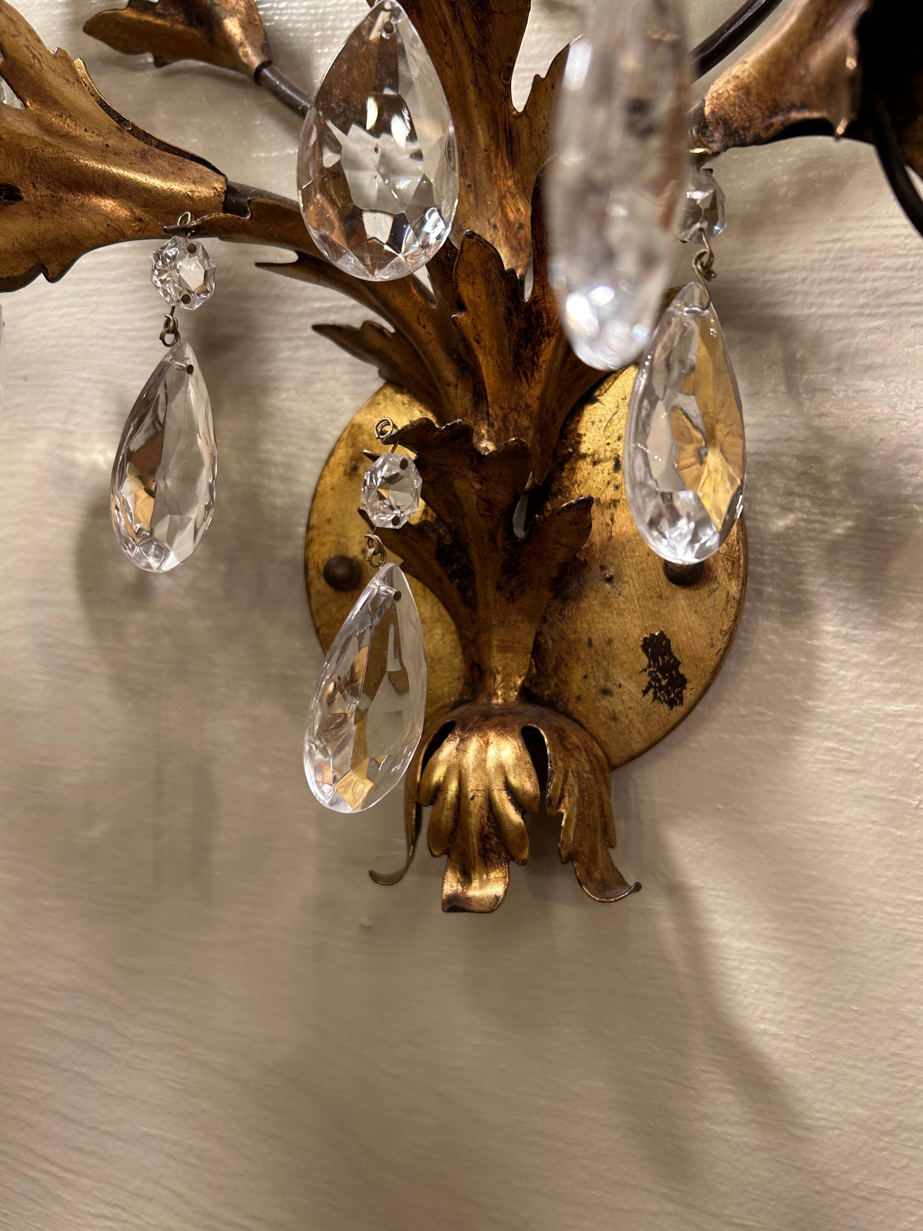 Elegant Pair of Vintage Large Glitzy Giltmetal & Crystal Sconces For Sale 3