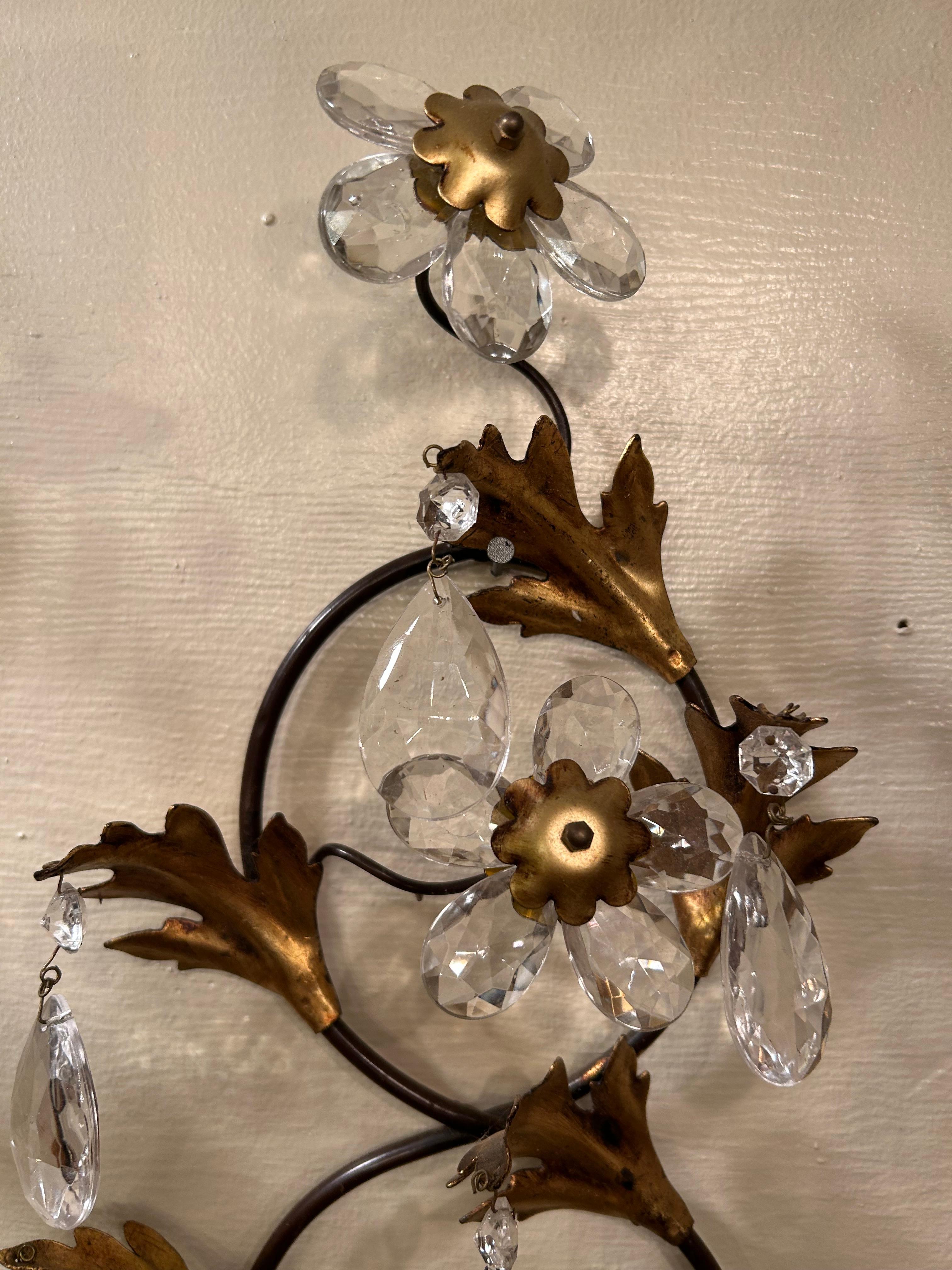 American Elegant Pair of Vintage Large Glitzy Giltmetal & Crystal Sconces For Sale