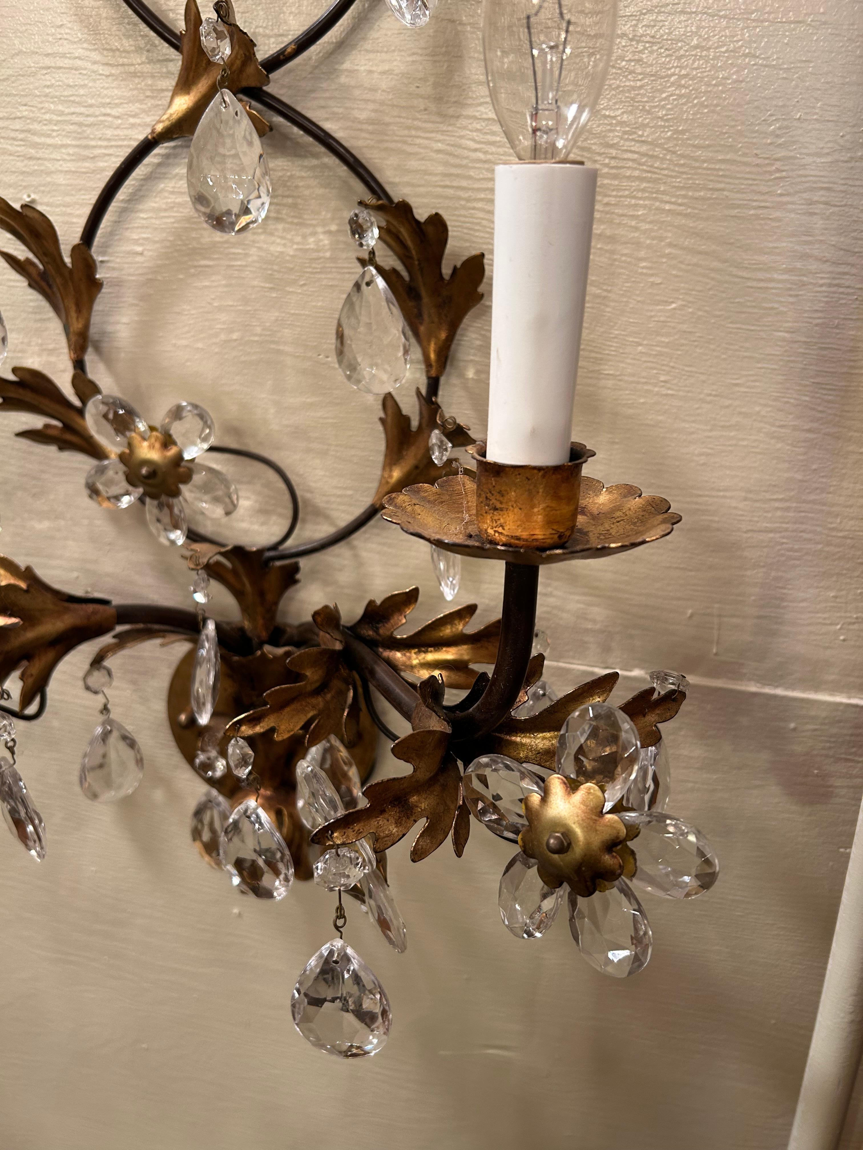 Elegant Pair of Vintage Large Glitzy Giltmetal & Crystal Sconces In Good Condition For Sale In Hopewell, NJ