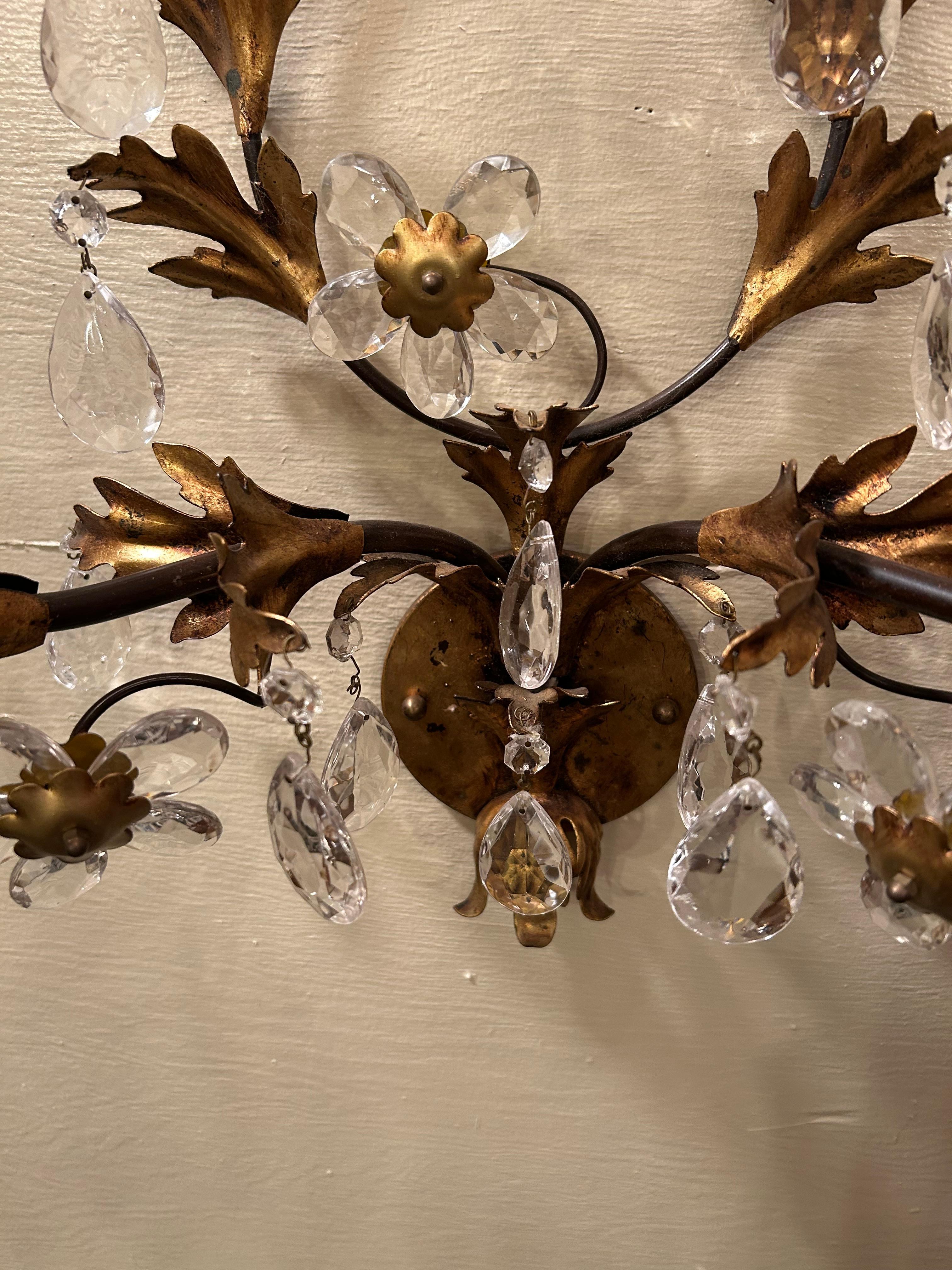 Late 20th Century Elegant Pair of Vintage Large Glitzy Giltmetal & Crystal Sconces For Sale