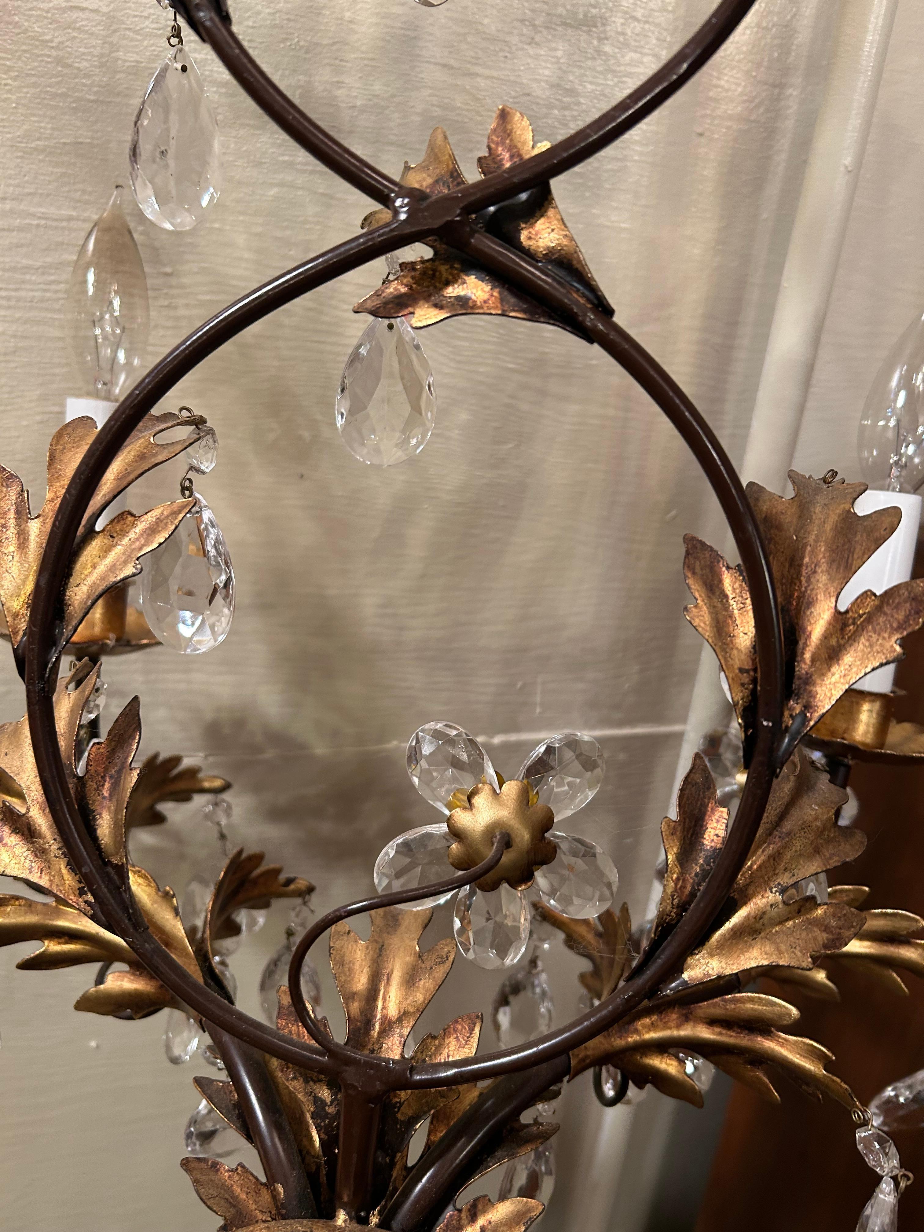 Metal Elegant Pair of Vintage Large Glitzy Giltmetal & Crystal Sconces For Sale
