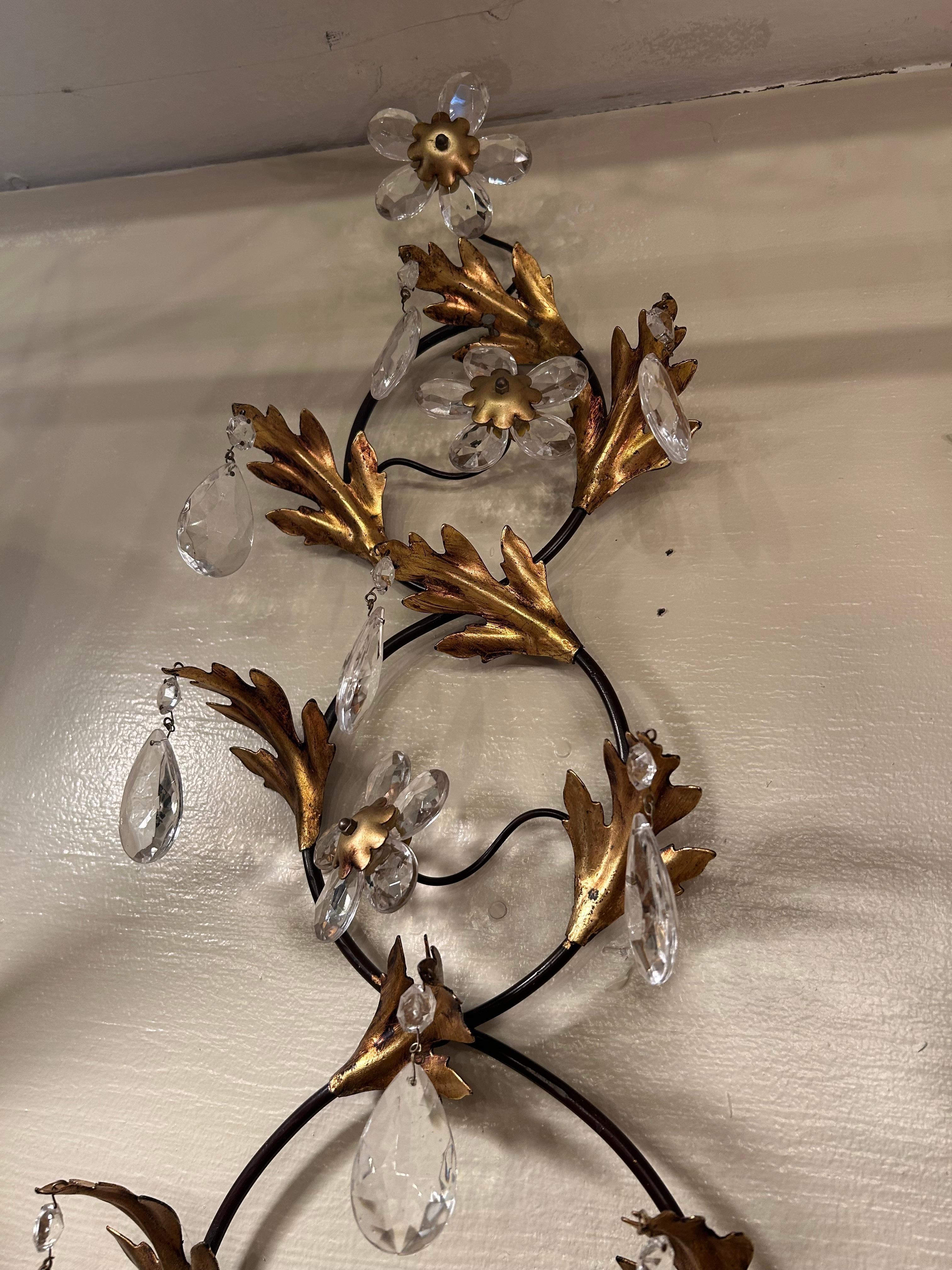 Elegant Pair of Vintage Large Glitzy Giltmetal & Crystal Sconces For Sale 2