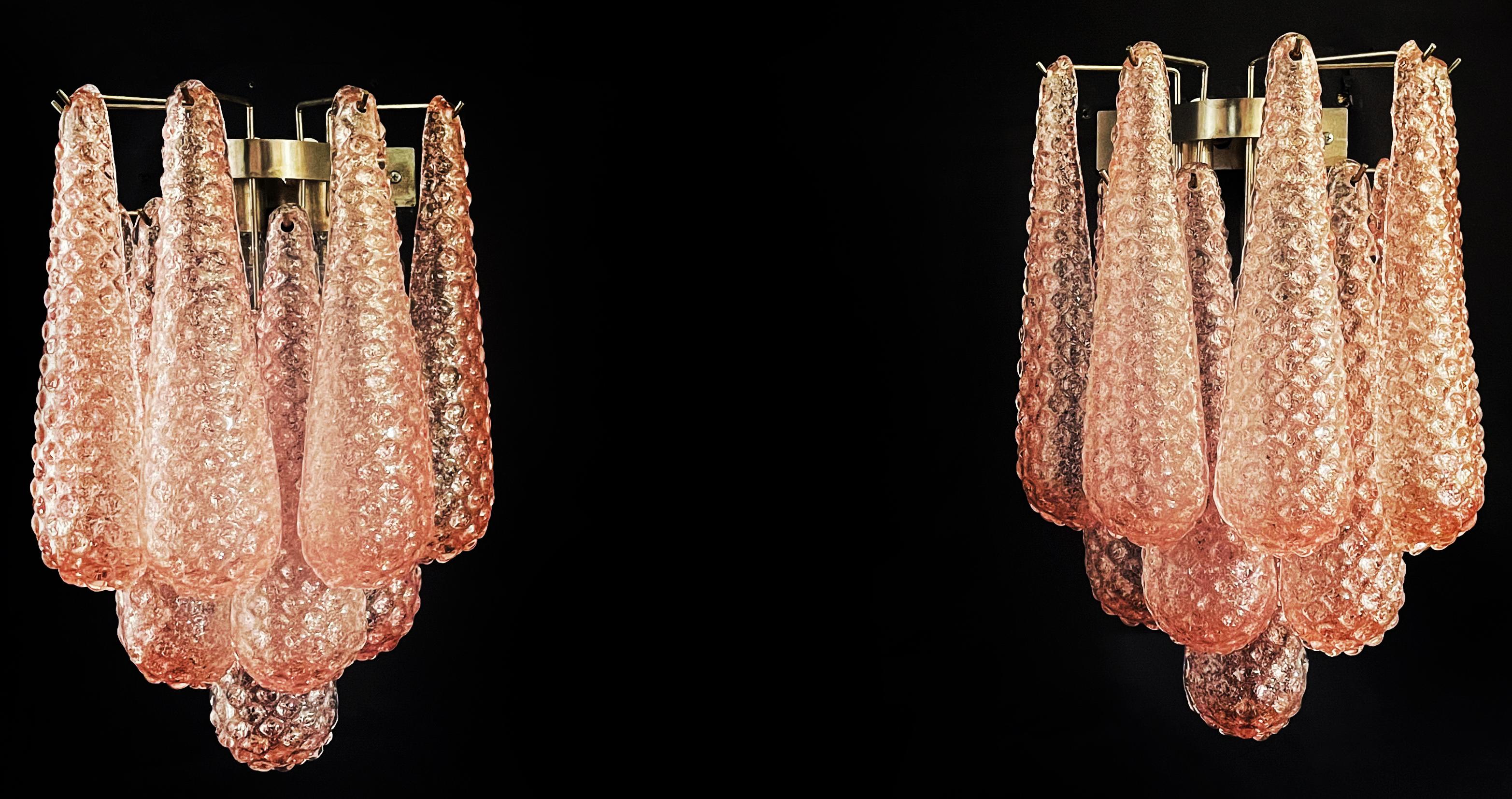 Elegant Pair of Vintage Pink Glass Petals Drop Wall Sconce, Murano 1