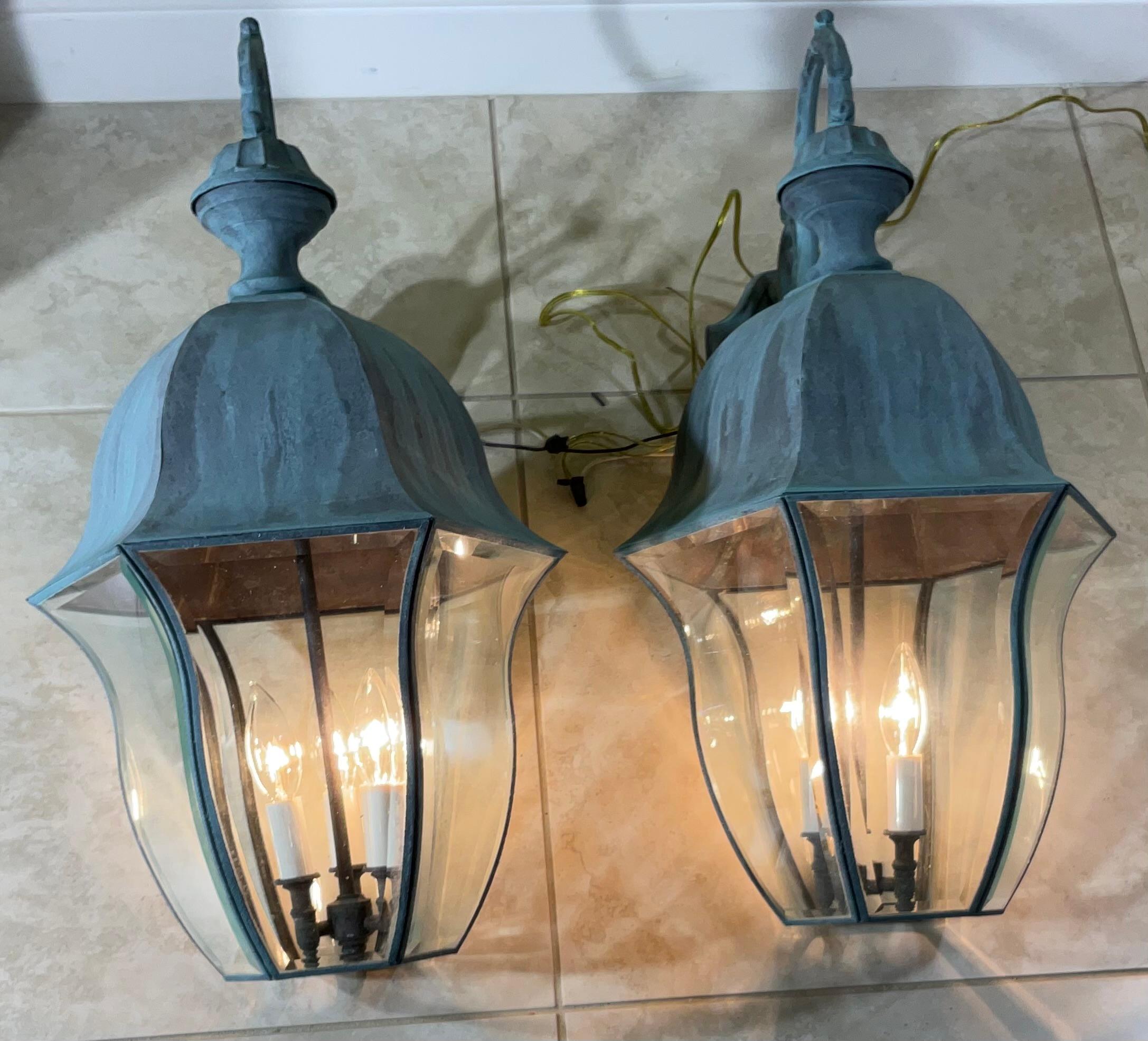 American Elegant Pair Of Vintage Solid Brass Verdigris Patina Wall Lanterns For Sale