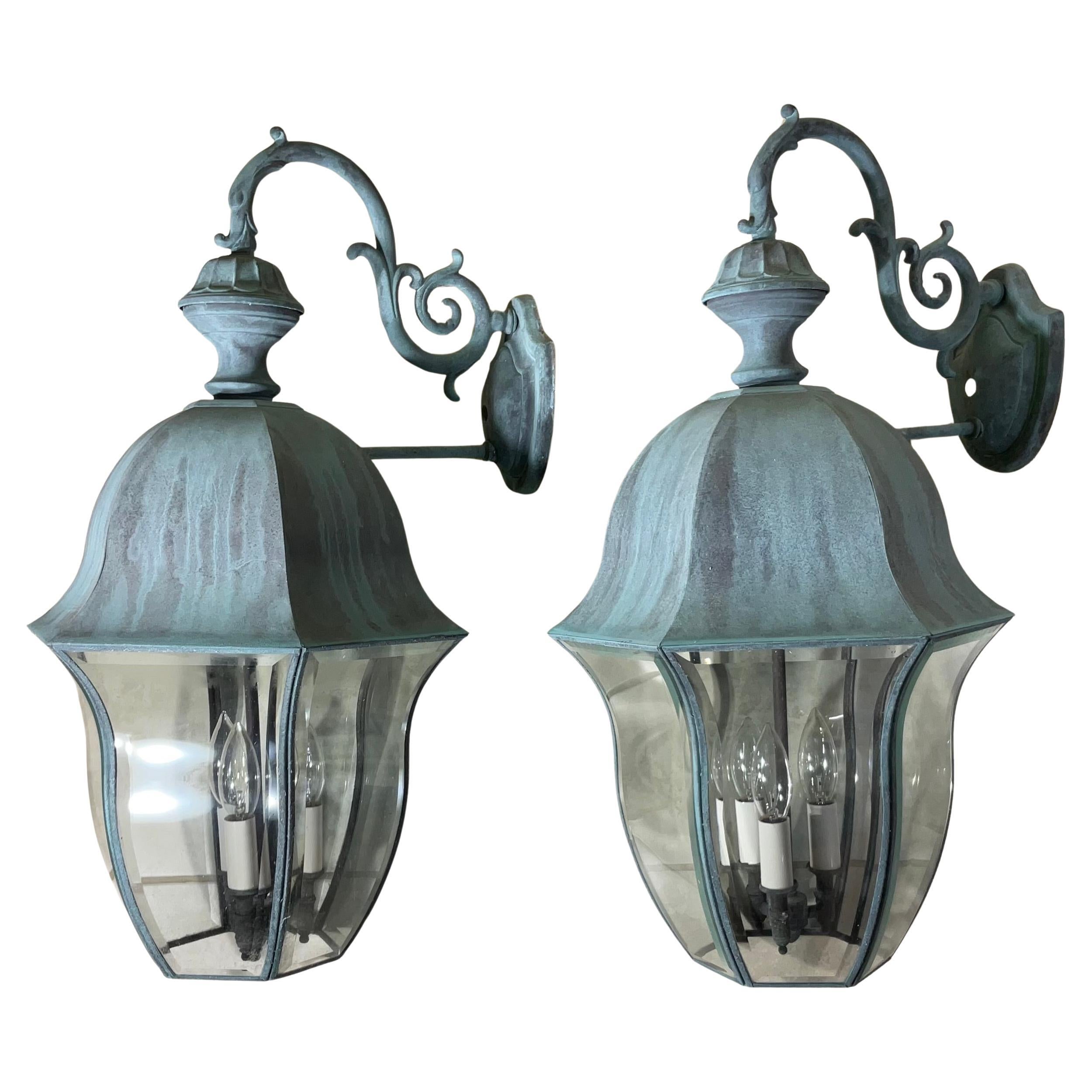 Elegant Pair Of Vintage Solid Brass Verdigris Patina Wall Lanterns
