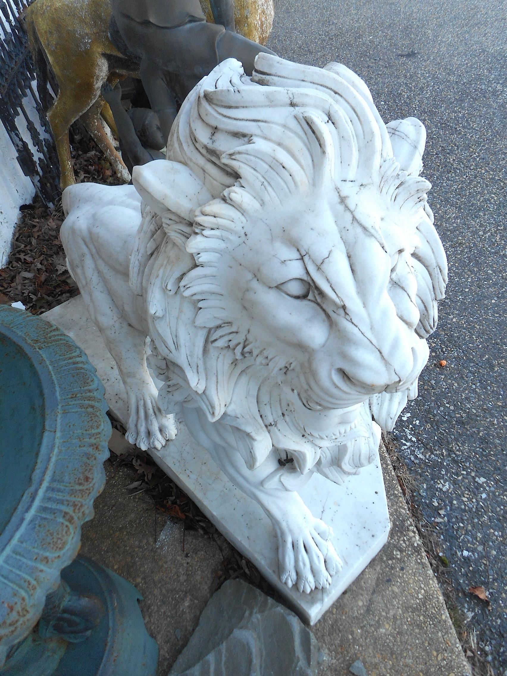 Elegant Pair of White Marble Lion Statues 4