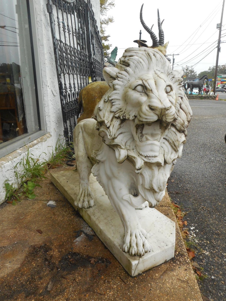 Elegant Pair of White Marble Lion Statues For Sale at 1stdibs