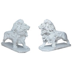 Elegant Pair of White Marble Lion Statues