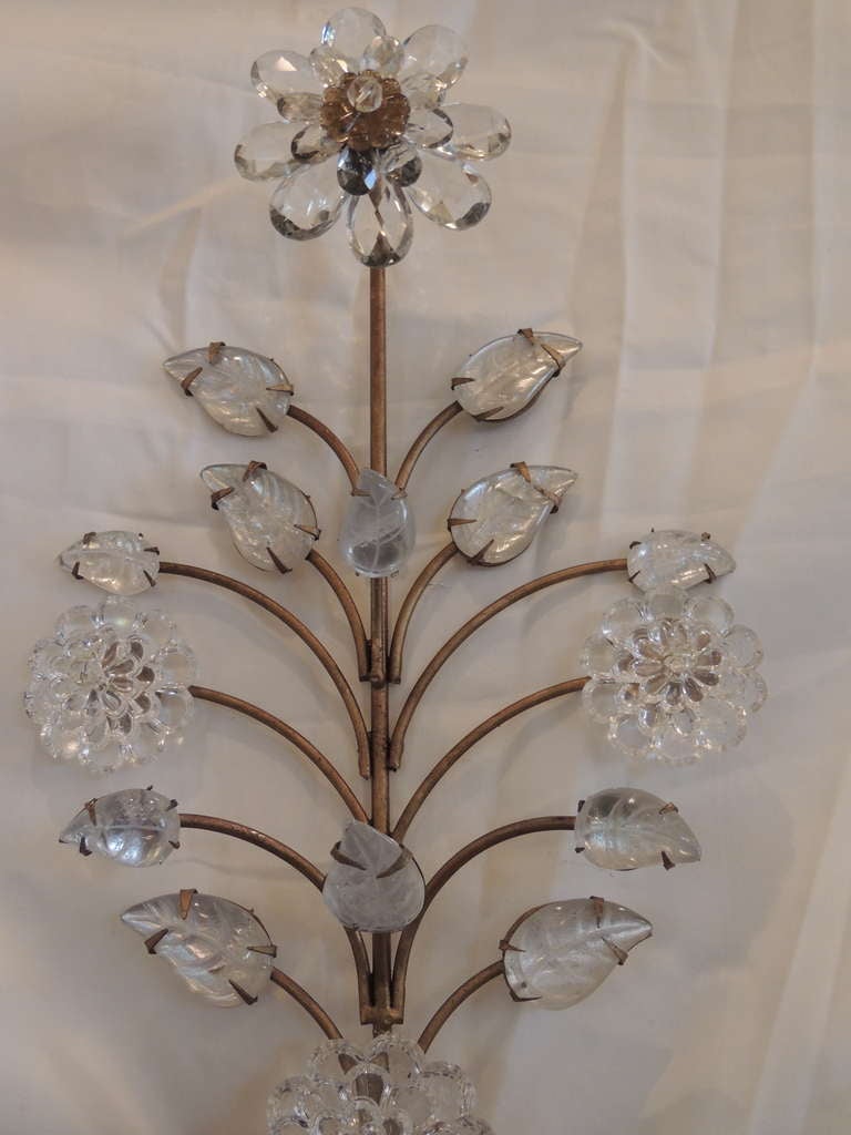 Mid-20th Century Elegant Pair of Rare Baguès Gilt Rock Crystal Five-Arm Large Jansen Sconces