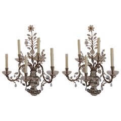Elegant Pair of Rare Baguès Gilt Rock Crystal Five-Arm Large Jansen Sconces
