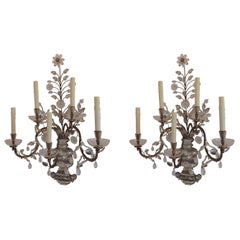 Elegant Pair Rare Vintage Gilt Rock Crystal Bagues Five-Arm Large Jansen Sconces
