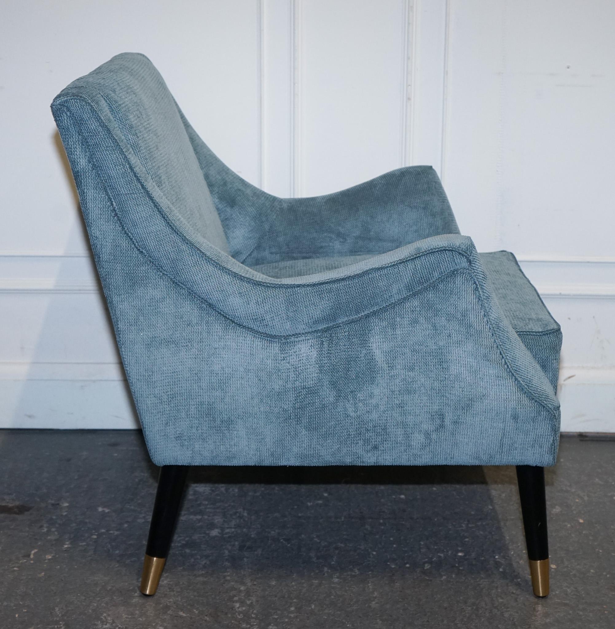 Hand-Crafted ELEGANT PALE BLUE VELVER SIDE CHAIR ARMCHAIR WiTH BLACK AND GOLD LEGS For Sale