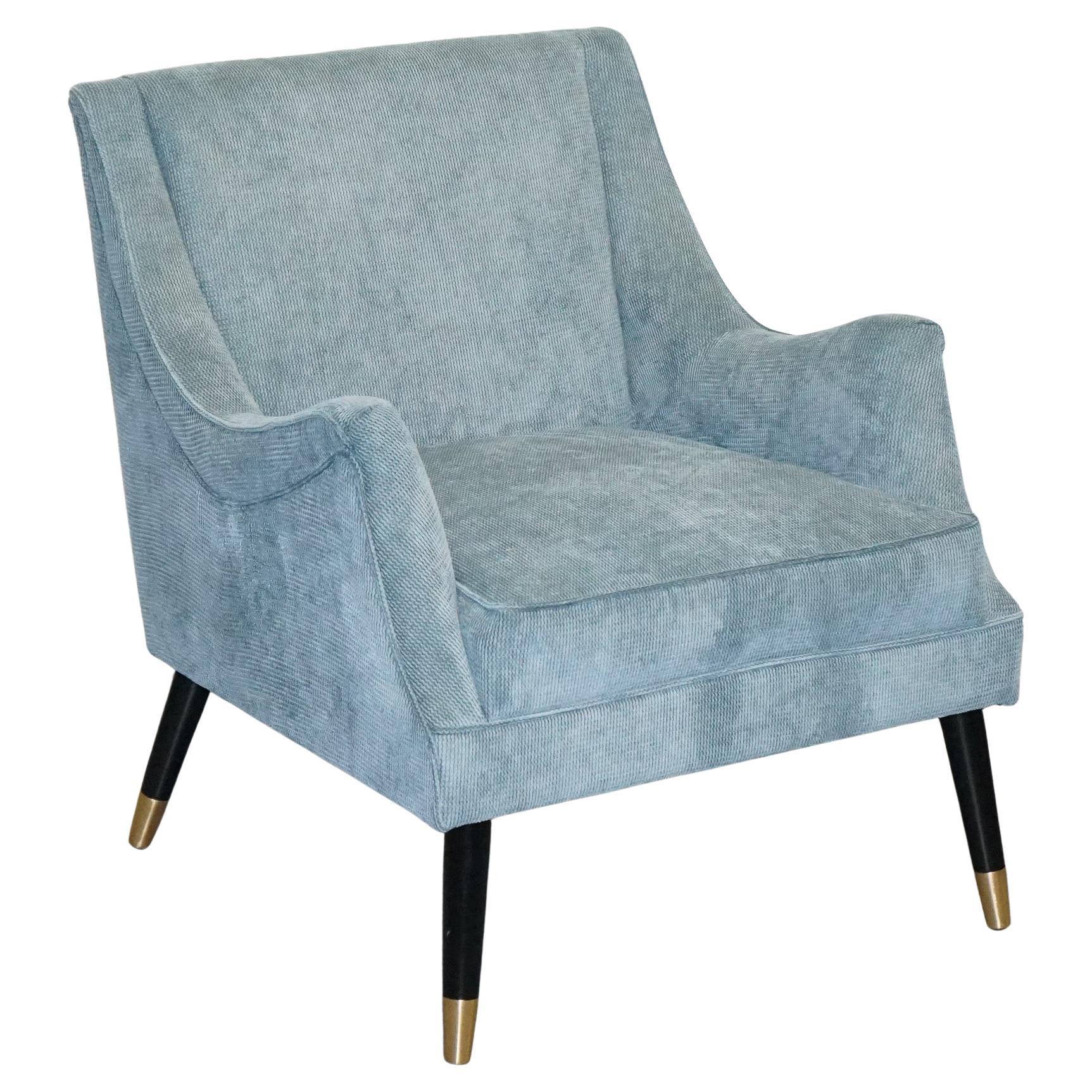 ELEGANT PALE BLUE VELVER SIDE CHAIR ARMCHAIR WiTH BLACK AND GOLD LEGS