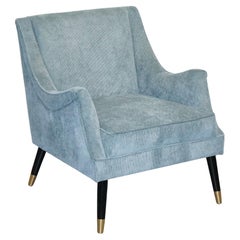 ELEGANT PALE BLUE VELVER SIDE CHAIR ARMCHAIR WiTH BLACK AND GOLD LEGS