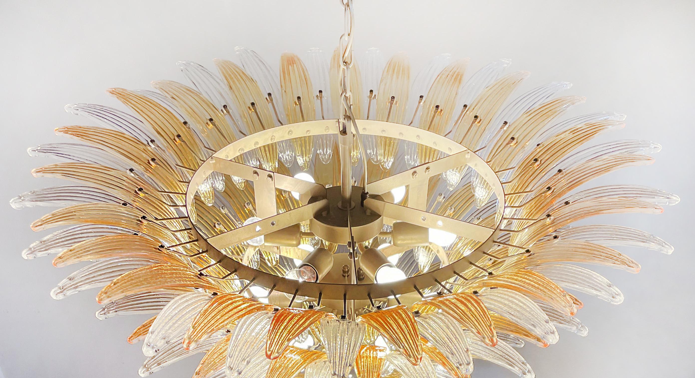 Italian Elegant Palmette Ceiling Light - Three Levels, 104 Clear and Amber Glasses For Sale