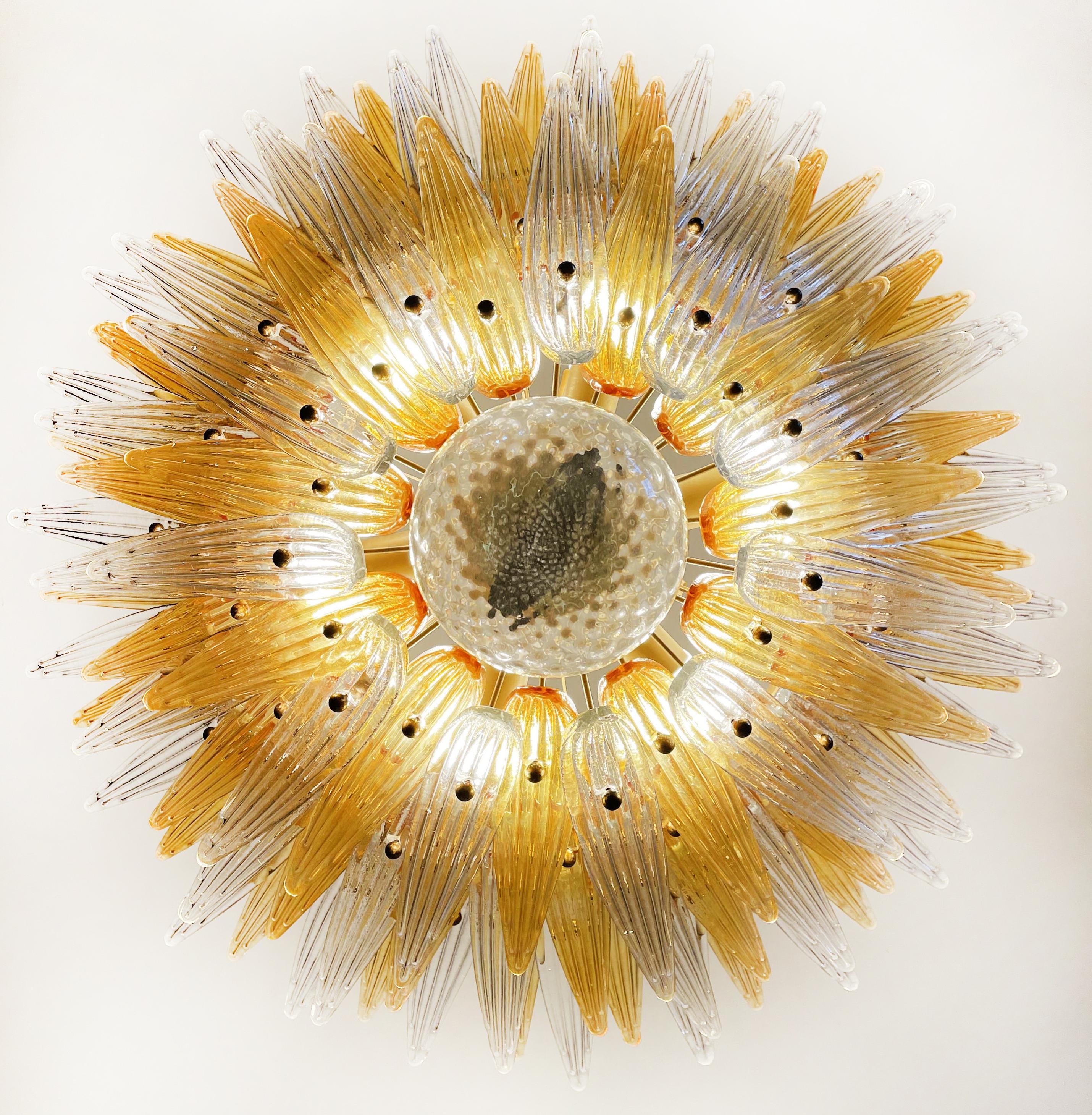 Art Glass Elegant Palmette Ceiling Light - Three Levels, 104 Clear and Amber Glasses For Sale