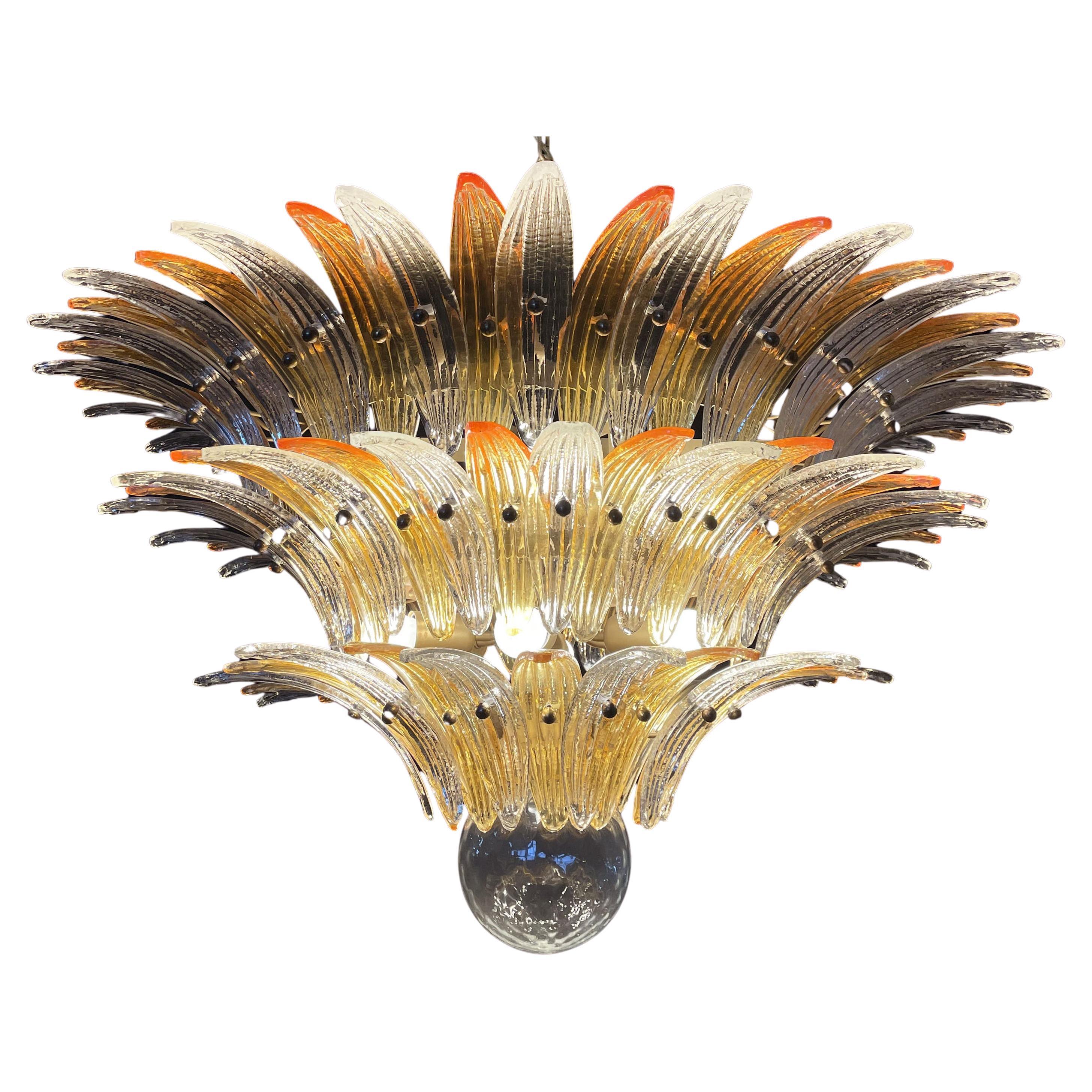 Elegant Palmette Ceiling Light - Three Levels, 104 Clear and Amber Glasses For Sale