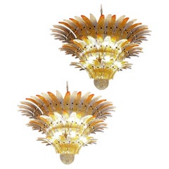 Retro Elegant Palmette Ceiling Light - Three Levels, 104 Clear and Amber Glasses